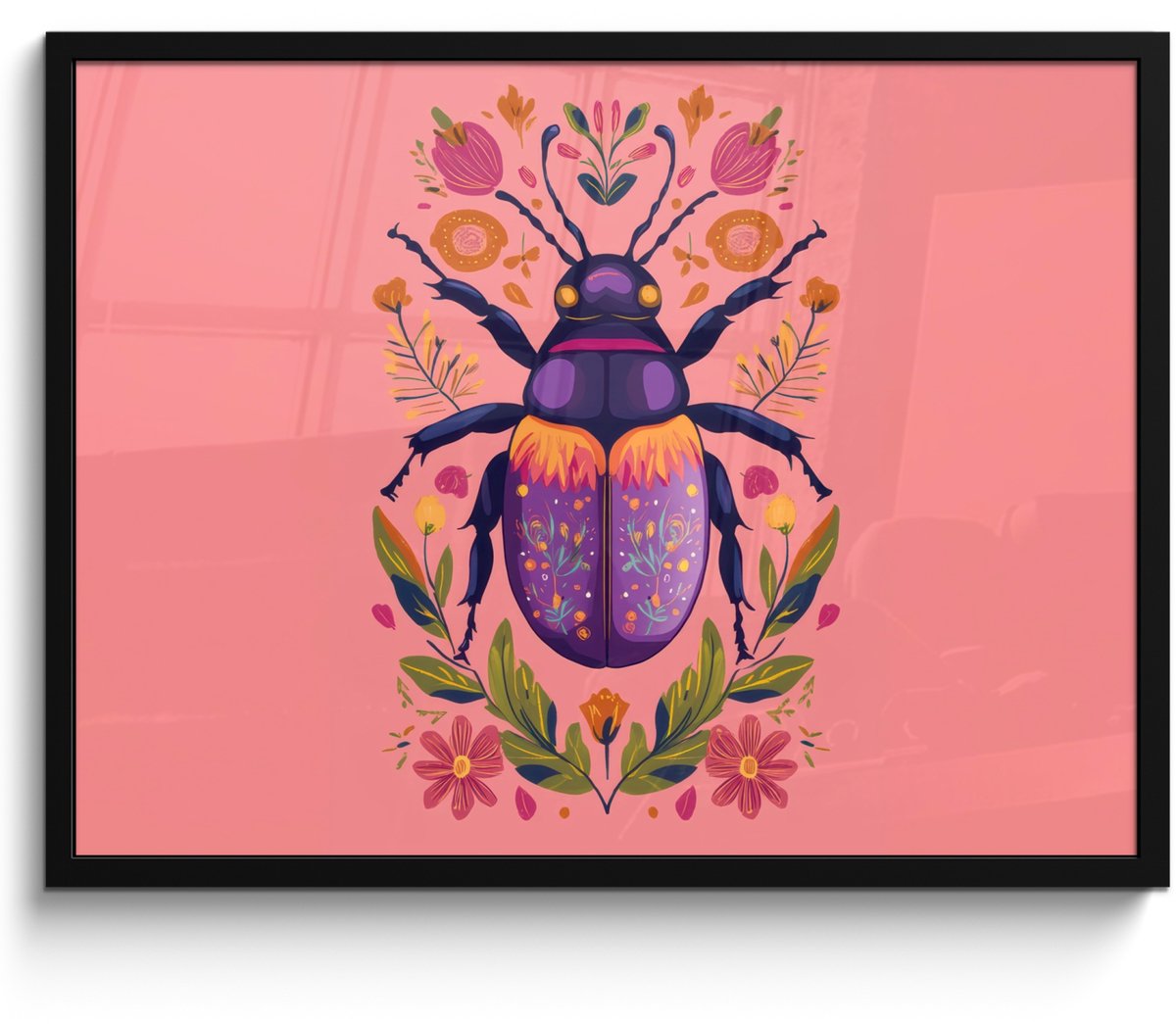 FrameYourWall Poster in lijst - Fotolijst 70x50 cm - Posters - Paars - Kever - Stipjes - Bloemen - Posterlijst zwart - Decoratie - Wanddecoratie woonkamer - Muurdecoratie slaapkamer Kever - Bloemen - Kleurrijk