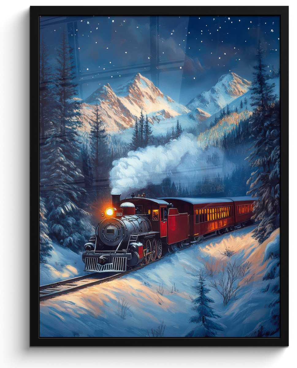 FrameYourWall Poster in lijst - Fotolijst 50x70 cm - Posters - Trein - Kerst - Sneeuw - Kersttrein - Posterlijst zwart - Decoratie - Wanddecoratie woonkamer - Kerstdecoratie voor binnen - Kerstversiering - Kerstmis versiering in huis - Kerstaccessoires Stoomtrein