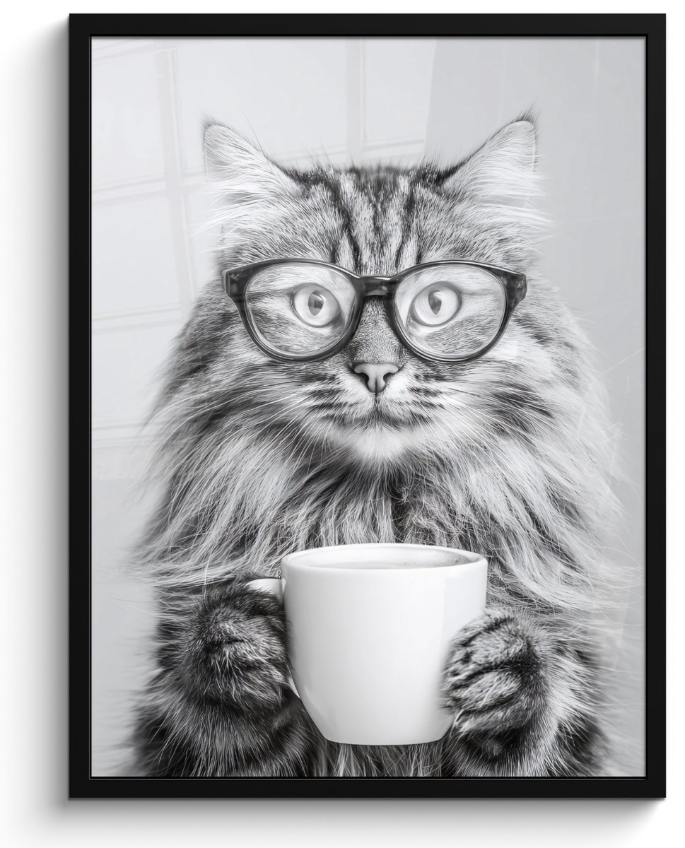 FrameYourWall Poster in lijst - Fotolijst 50x70 cm - Posters - Kat - Bril - Mok - Pluizig - Posterlijst zwart - Decoratie - Wanddecoratie woonkamer - Muurdecoratie slaapkamer Kat - Mok