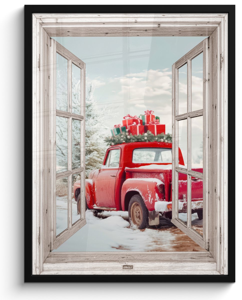 FrameYourWall Poster in lijst - Fotolijst 50x70 cm - Posters - Auto - Rood - Cadeaus - Winter - Kerst - Doorkijk - Wit - Posterlijst zwart - Decoratie - Wanddecoratie woonkamer - Muurdecoratie slaapkamer - Kerstversiering - Kerstdecoratie voor binnen - Kerstmis