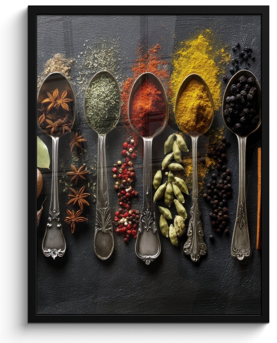 FrameYourWall Poster in lijst - Fotolijst 50x70 cm - Posters - Lepels - Specerijen - Kaneel - Chili - Posterlijst zwart - Decoratie - Wanddecoratie woonkamer - Muurdecoratie slaapkamer Lepels - Kaneel - Specerijen