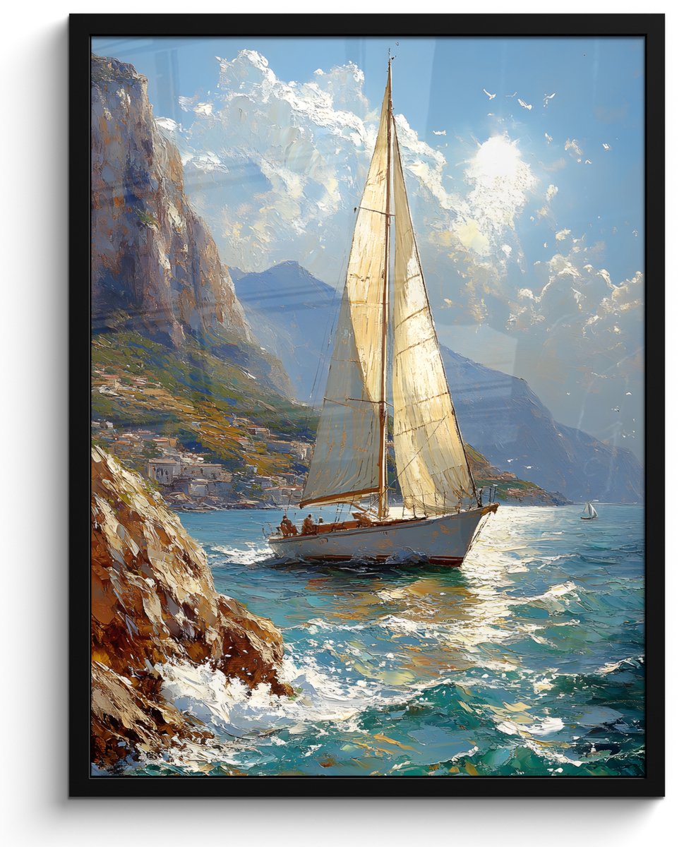 FrameYourWall Poster in lijst - Fotolijst 50x70 cm - Posters - Zeilschip - Zee - Rotsen - Wolken - Posterlijst zwart - Decoratie - Wanddecoratie woonkamer - Muurdecoratie slaapkamer Zeilschip - Rotsen - Zee