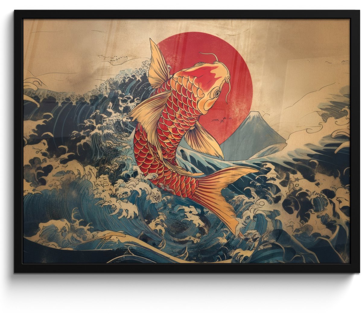 FrameYourWall Poster in lijst - Fotolijst 70x50 cm - Posters - Koi - Zee - Golven - Zon - Posterlijst zwart - Decoratie - Wanddecoratie woonkamer - Muurdecoratie slaapkamer