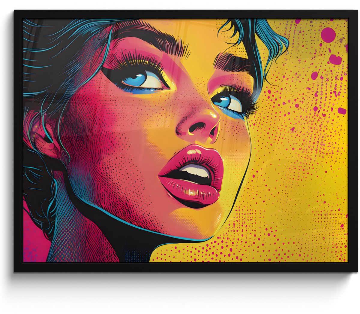 FrameYourWall Poster in lijst - Fotolijst 70x50 cm - Posters - Close-up - Vrouwengezicht - Stippen - Geel - Posterlijst zwart - Decoratie - Wanddecoratie woonkamer - Muurdecoratie slaapkamer Gezicht - Vrouw