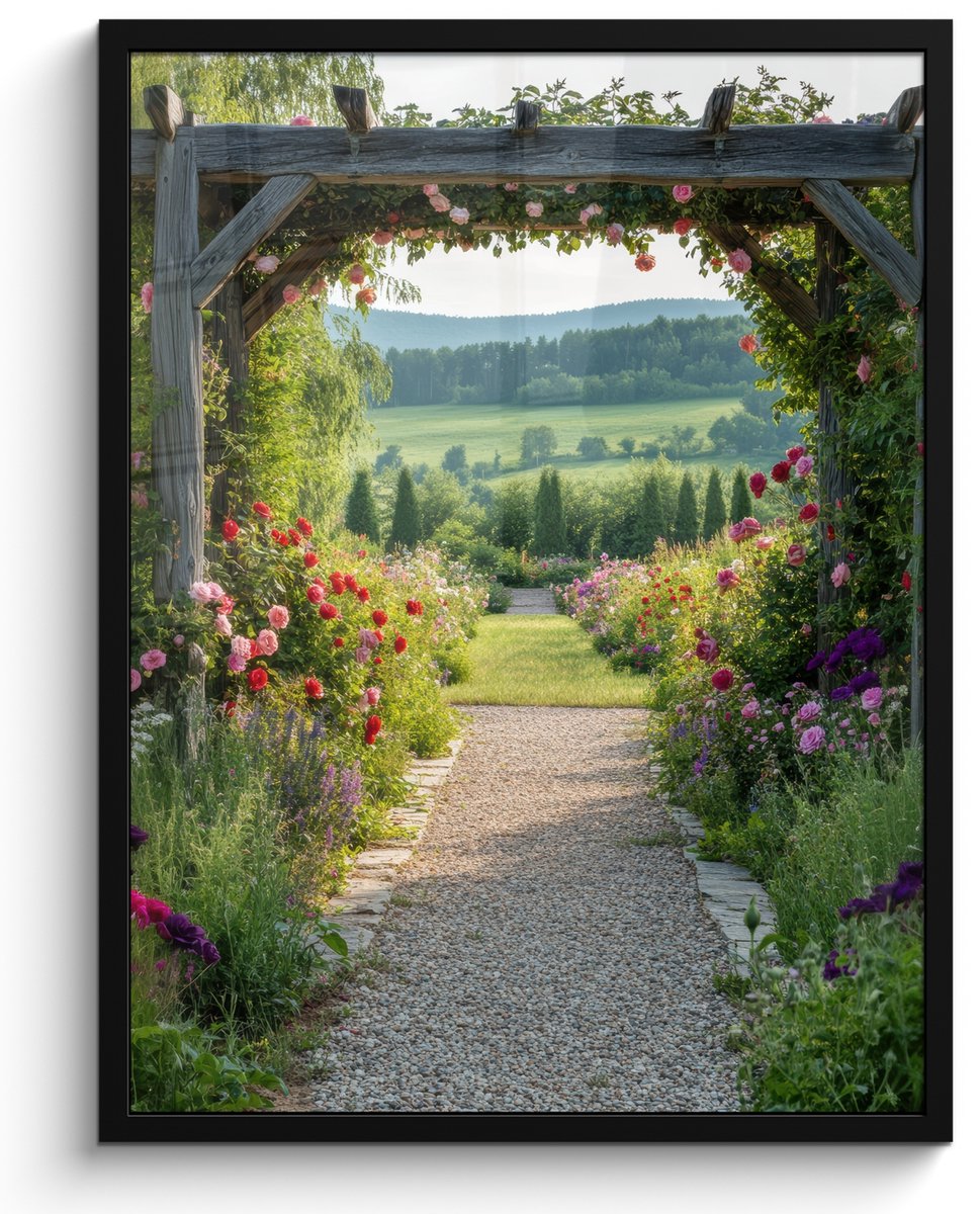 FrameYourWall Poster in lijst - Fotolijst 50x70 cm - Posters - Doorkijk - Landschap - Natuur - Tuinboog - Bloemen - Posterlijst zwart - Decoratie - Wanddecoratie woonkamer - Muurdecoratie slaapkamer Tuinboog - Landschap
