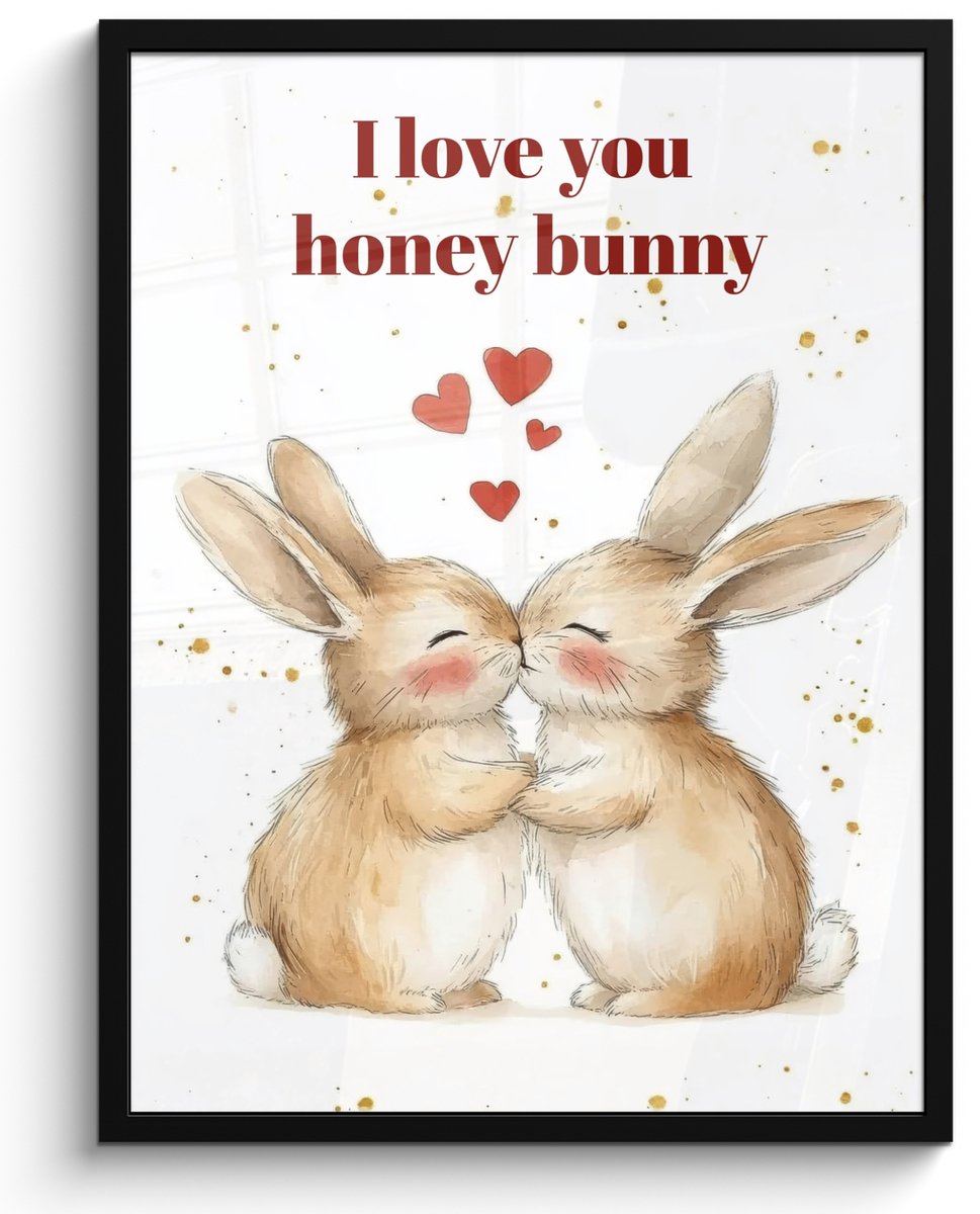 FrameYourWall Poster in lijst - Fotolijst 50x70 cm - Posters - Liefde - Rood - konijn - Posterlijst zwart - Decoratie - Wanddecoratie woonkamer - Muurdecoratie slaapkamer Konijnen - I love you honey bunny