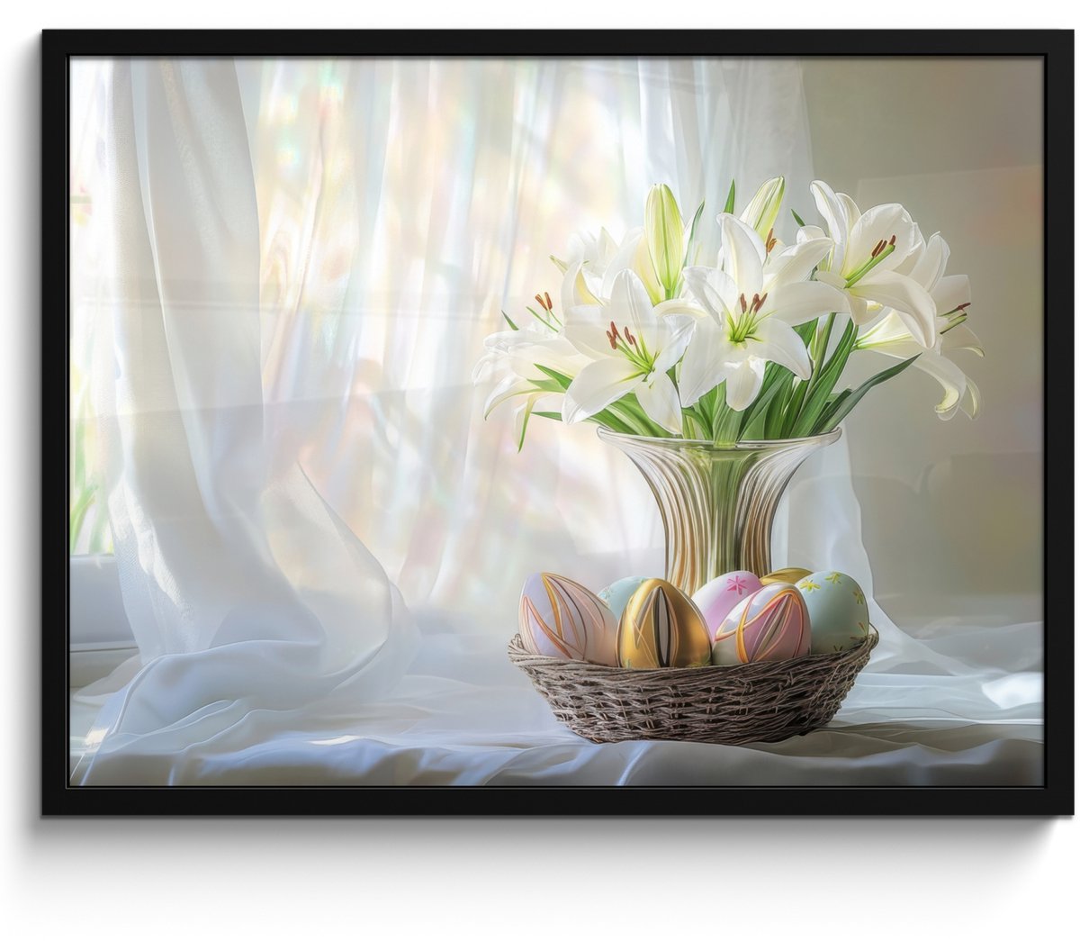 FrameYourWall Poster in lijst - Fotolijst 70x50 cm - Posters - Vaas - Eieren - Bloemen - Posterlijst zwart - Decoratie - Wanddecoratie woonkamer - Muurdecoratie slaapkamer Lelies - Stilleven