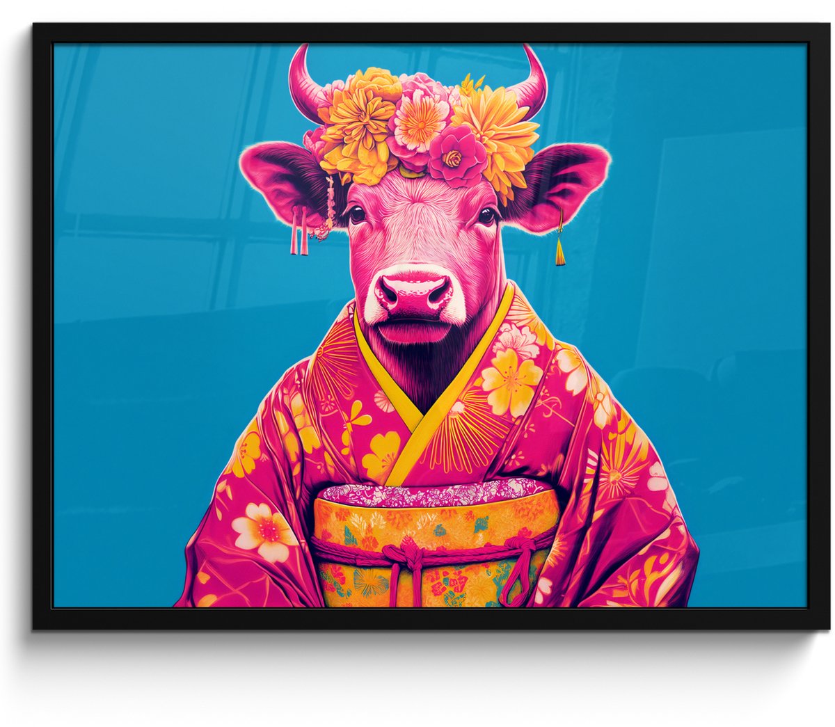 FrameYourWall Poster in lijst - Fotolijst 70x50 cm - Posters - Koe - Bloemenkrans - Oorhangers - Kimono - Posterlijst zwart - Decoratie - Wanddecoratie woonkamer - Muurdecoratie slaapkamer