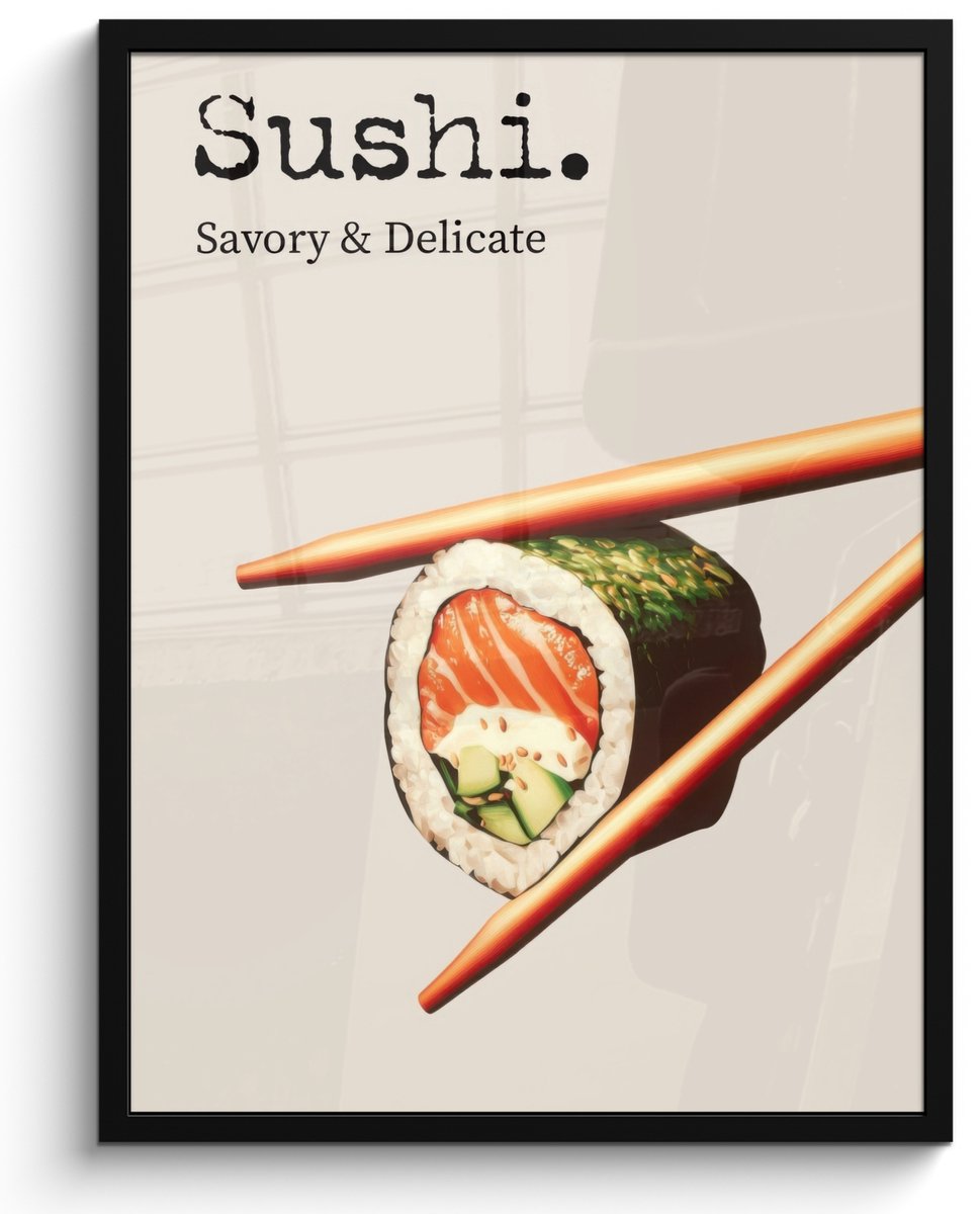 FrameYourWall Poster in lijst - Fotolijst 50x70 cm - Posters - Sushi - Zalm - Rijst - Japans - Posterlijst zwart - Decoratie - Wanddecoratie woonkamer - Muurdecoratie slaapkamer Sushi - Tekst
