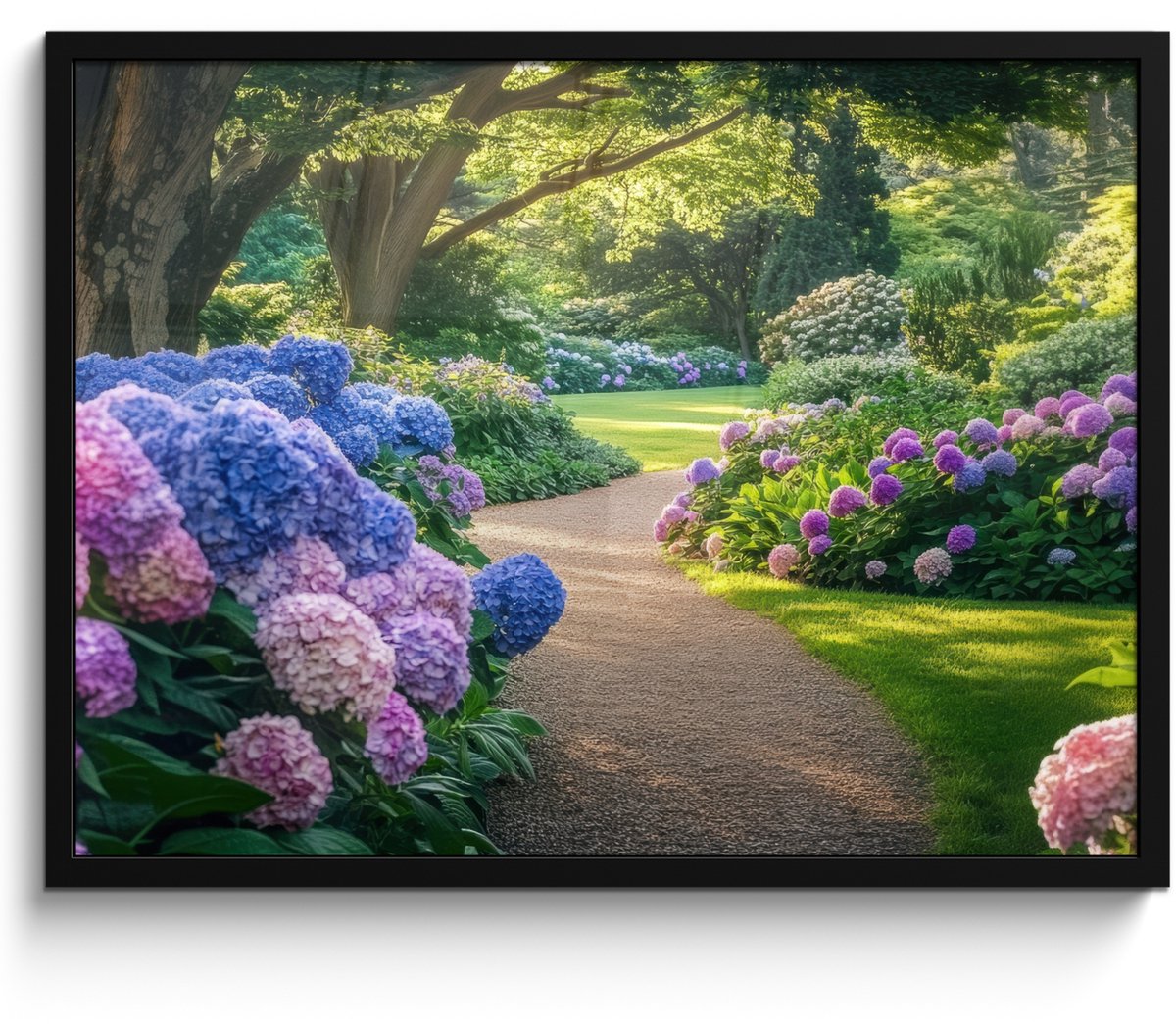 FrameYourWall Poster in lijst - Fotolijst 70x50 cm - Posters - Hortensia- Park - Pad - Posterlijst zwart - Decoratie - Wanddecoratie woonkamer - Muurdecoratie slaapkamer Hortensia - Tuin