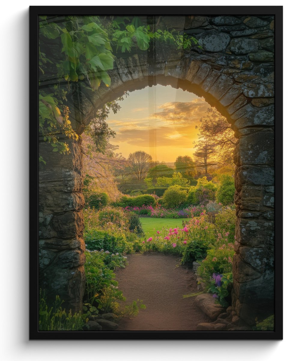 FrameYourWall Poster in lijst - Fotolijst 50x70 cm - Posters - Poort - Planten - Zonsondergang - Posterlijst zwart - Decoratie - Wanddecoratie woonkamer - Muurdecoratie slaapkamer