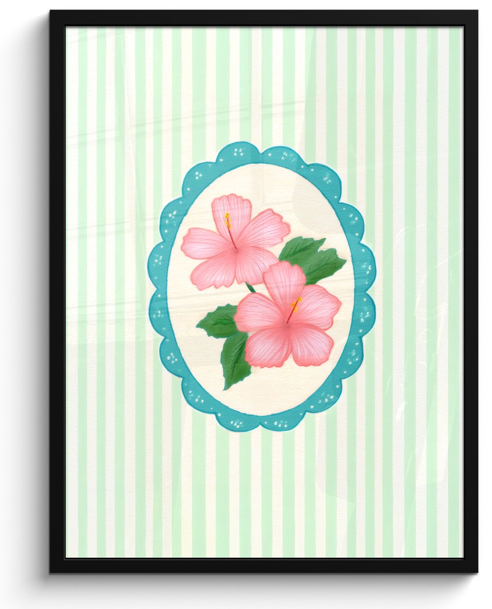 FrameYourWall Poster in lijst - Fotolijst 50x70 cm - Posters - Bloemen - Ovaal - Strepen - Groen - Posterlijst zwart - Decoratie - Wanddecoratie woonkamer - Muurdecoratie slaapkamer Bloemen - Strepen