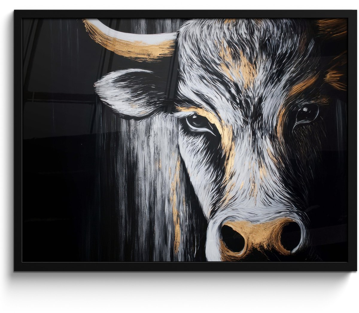 FrameYourWall Poster in lijst - Fotolijst 70x50 cm - Posters - Stier - Hoorns - Snuit - Goud - Posterlijst zwart - Decoratie - Wanddecoratie woonkamer - Muurdecoratie slaapkamer