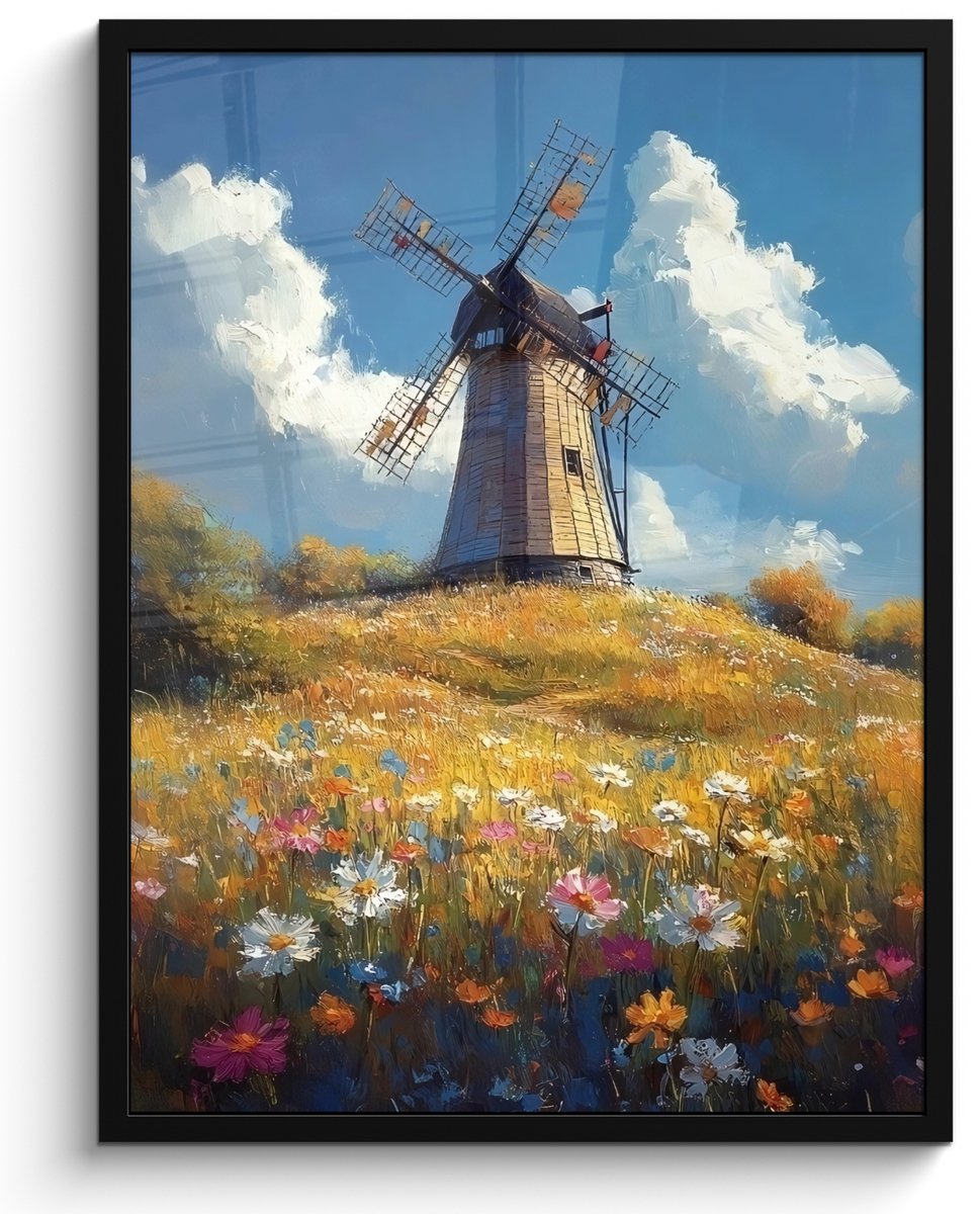 FrameYourWall Poster in lijst - Fotolijst 50x70 cm - Posters - Windmolen - Heuvel - Bloemen - Kleurrijk - Posterlijst zwart - Decoratie - Wanddecoratie woonkamer - Muurdecoratie slaapkamer