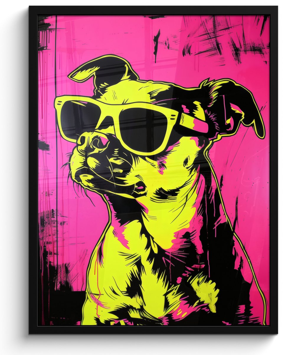 FrameYourWall Poster in lijst - Fotolijst 50x70 cm - Posters - Hond - Zonnebril - Roze - Art - Posterlijst zwart - Decoratie - Wanddecoratie woonkamer - Muurdecoratie slaapkamer