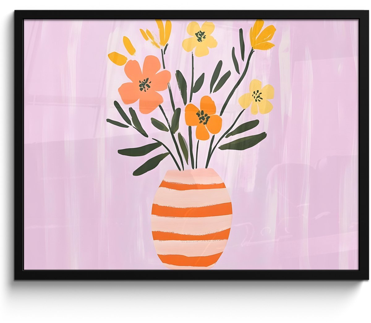 FrameYourWall Poster in lijst - Fotolijst 70x50 cm - Posters - Vaas - Gestreept - Bloemen - Oranje - Posterlijst zwart - Decoratie - Wanddecoratie woonkamer - Muurdecoratie slaapkamer Vaas - Bloemen
