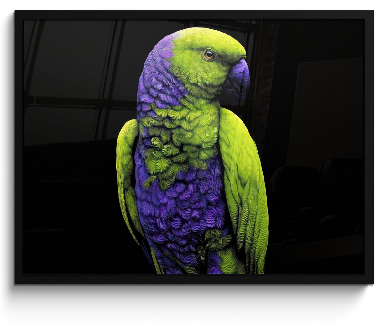 FrameYourWall Poster in lijst - Fotolijst 70x50 cm - Posters - Papegaai - Veren - Opvallend - Groen - Posterlijst zwart - Decoratie - Wanddecoratie woonkamer - Muurdecoratie slaapkamer