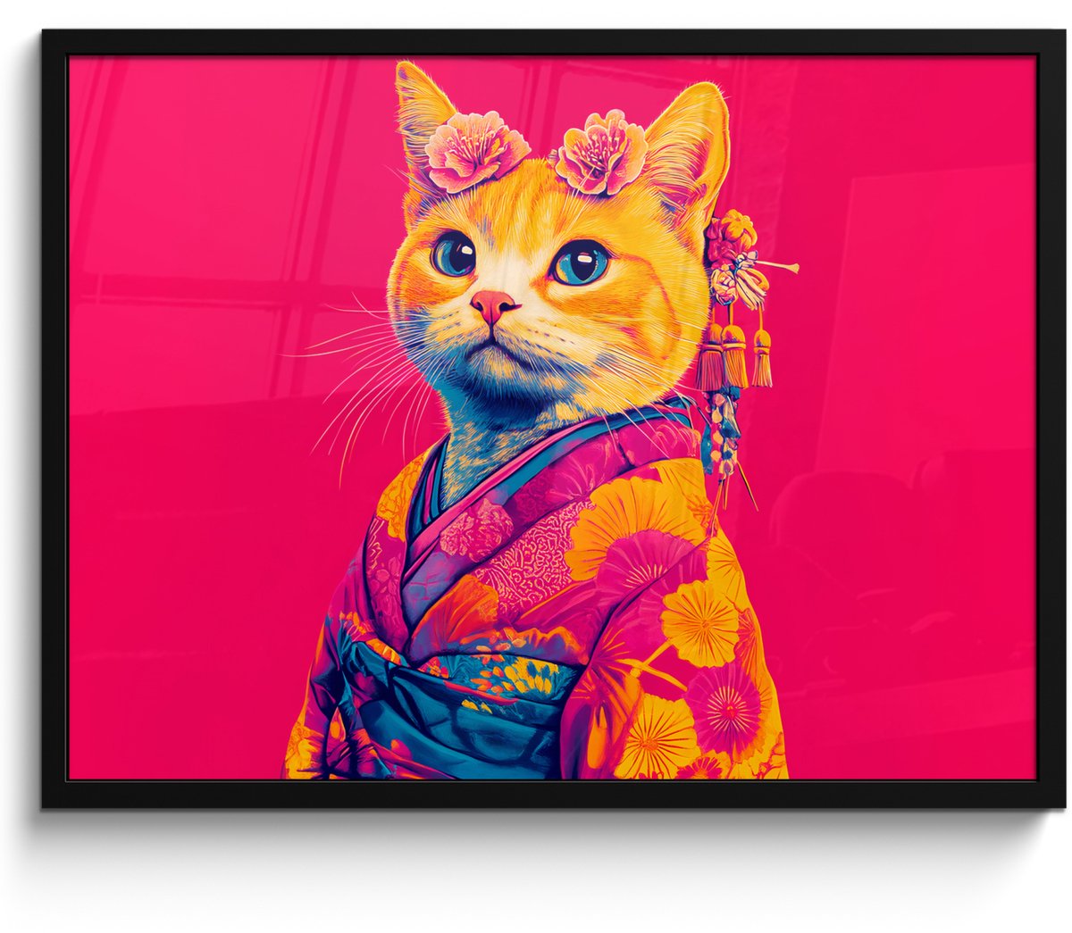 FrameYourWall Poster in lijst - Fotolijst 70x50 cm - Posters - Kat - Kimono - Bloemen - Roze - Posterlijst zwart - Decoratie - Wanddecoratie woonkamer - Muurdecoratie slaapkamer