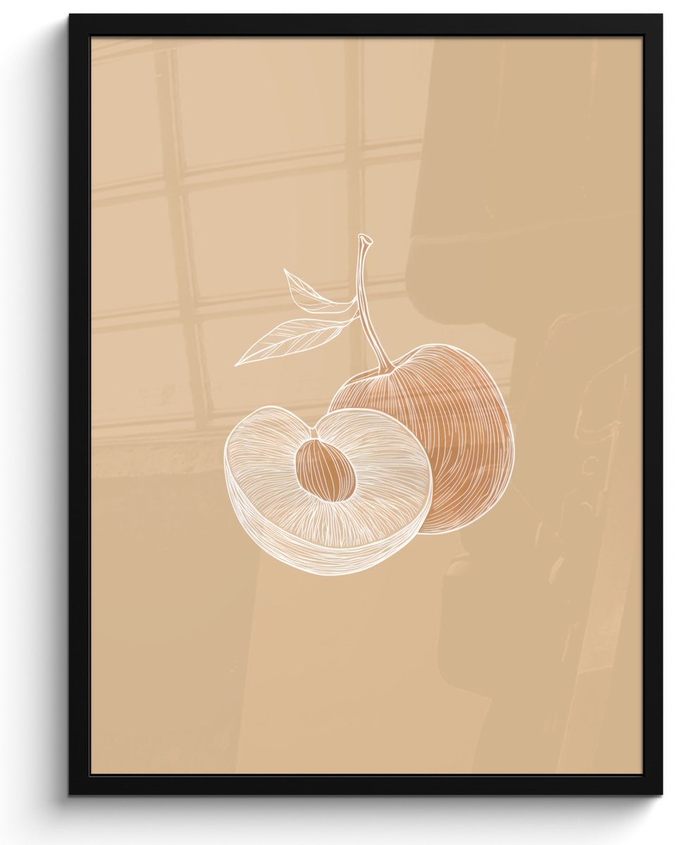FrameYourWall Poster in lijst - Fotolijst 50x70 cm - Posters - Perzik - Lijntekening - Pit - Beige - Posterlijst zwart - Decoratie - Wanddecoratie woonkamer - Muurdecoratie slaapkamer