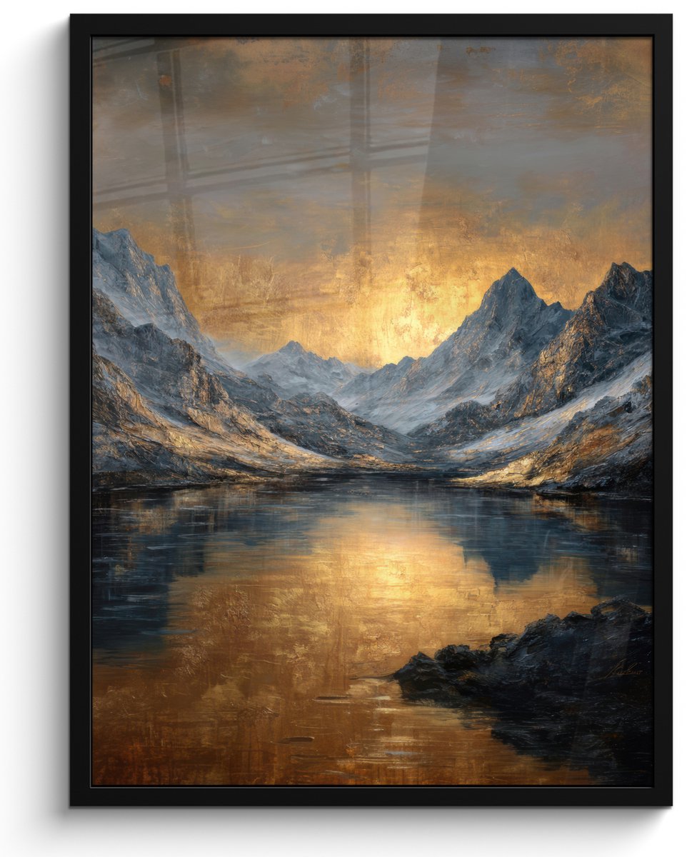 FrameYourWall Poster in lijst - Fotolijst 50x70 cm - Posters - Berglandschap met Gouden Zonsondergang - Posterlijst zwart - Decoratie - Wanddecoratie woonkamer - Muurdecoratie slaapkamer Bergen - Zonsondergang - Meer