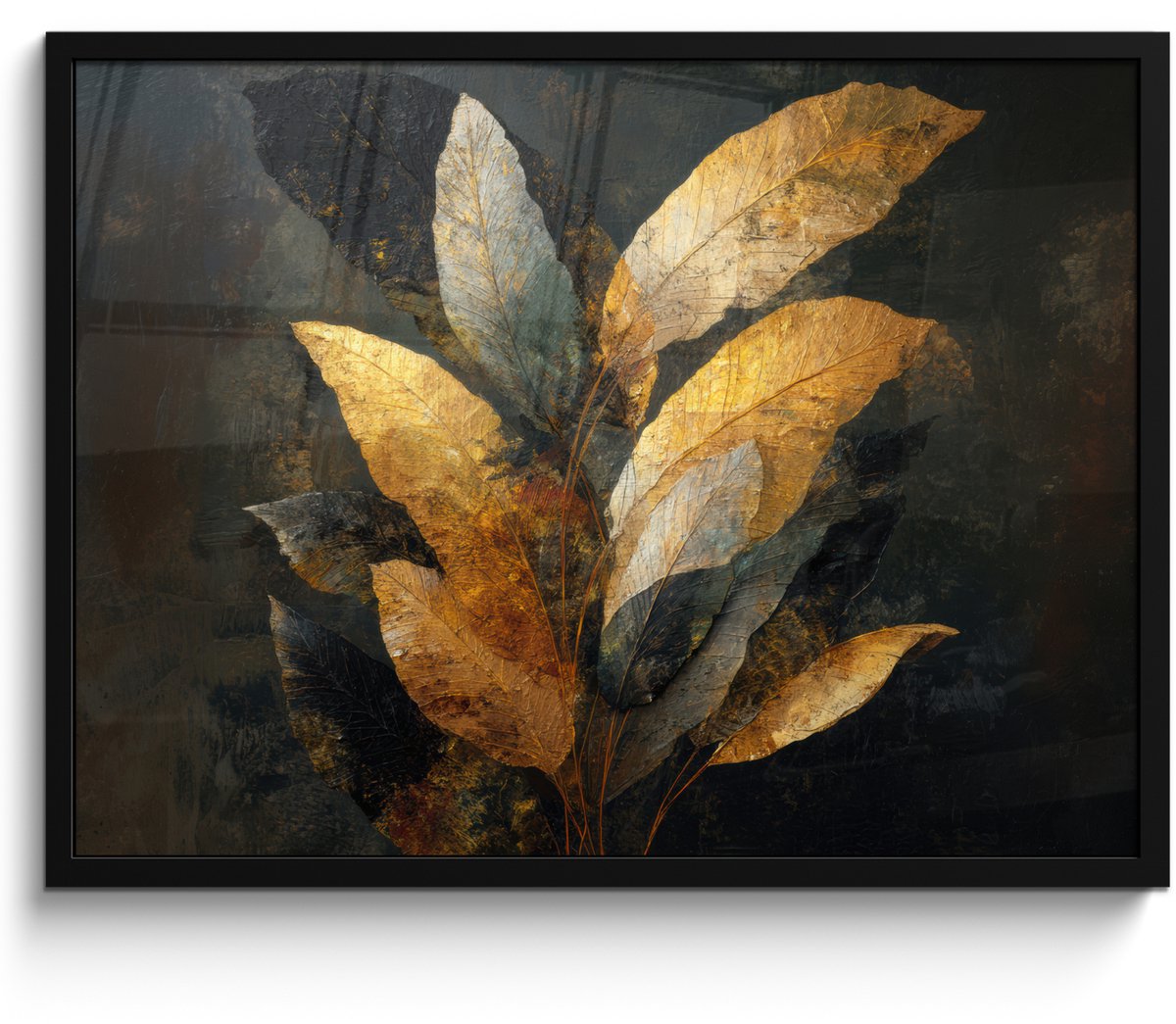 FrameYourWall Poster in lijst - Fotolijst 70x50 cm - Posters - Gouden Bladcompositie – Botanische Luxe - Posterlijst zwart - Decoratie - Wanddecoratie woonkamer - Muurdecoratie slaapkamer Bladeren - Goud - Luxe