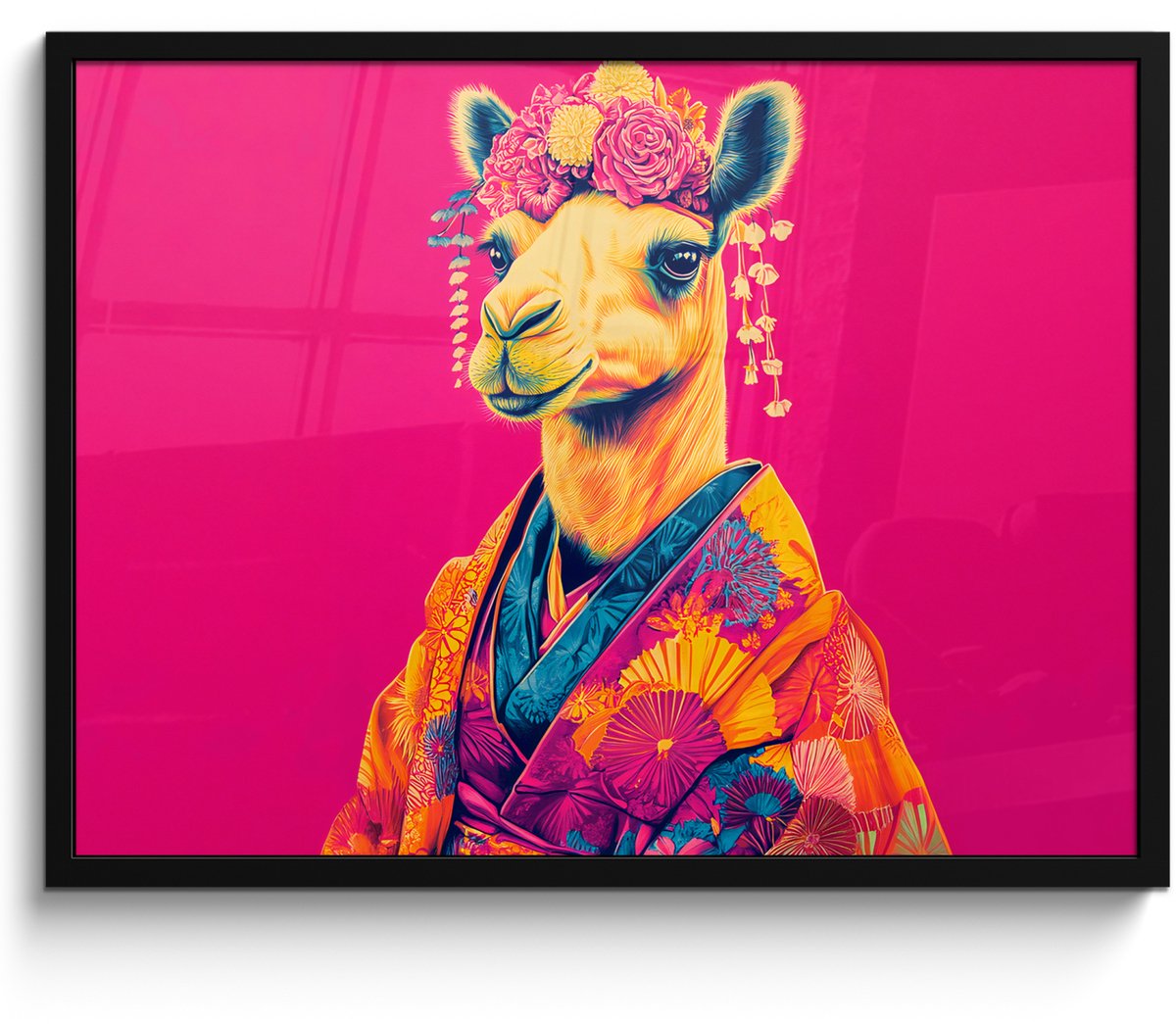 FrameYourWall Poster in lijst - Fotolijst 70x50 cm - Posters - Kameel - Bloemen - Kimono - Waaiers - Posterlijst zwart - Decoratie - Wanddecoratie woonkamer - Muurdecoratie slaapkamer