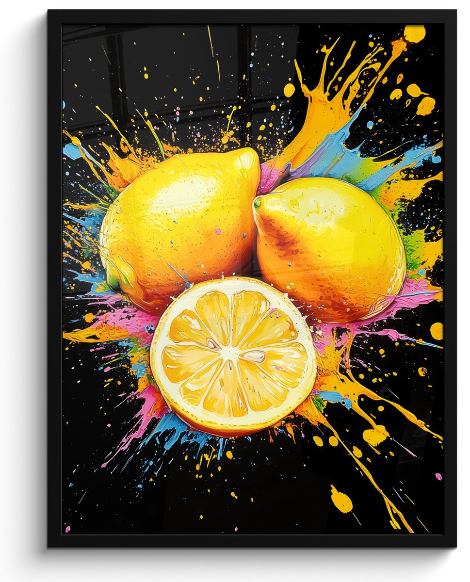 FrameYourWall Poster in lijst - Fotolijst 50x70 cm - Posters - Citroen - Graffiti - Kleurrijk - Verf - Modern - Posterlijst zwart - Decoratie - Wanddecoratie woonkamer - Muurdecoratie slaapkamer Graffiti - Citroen