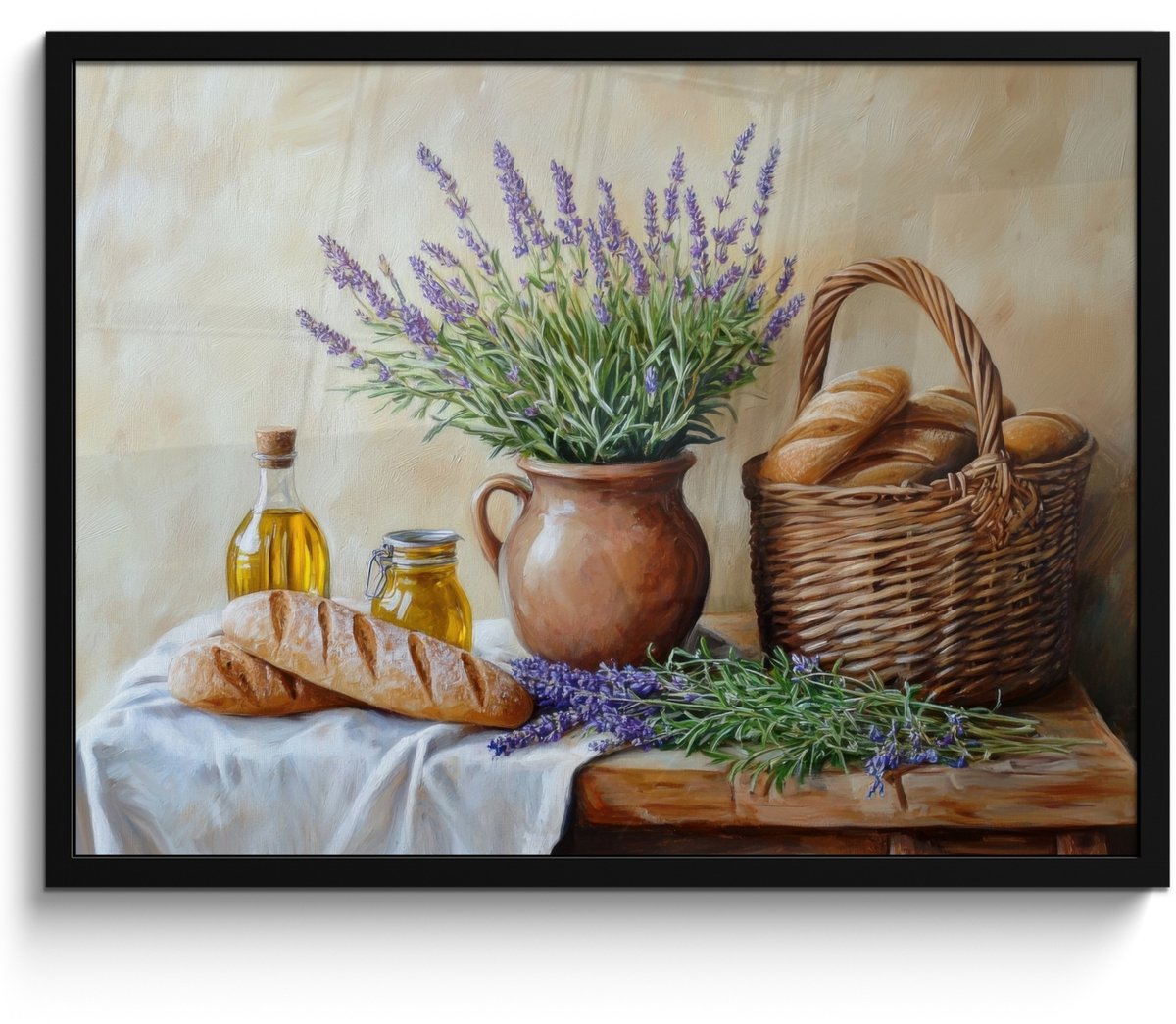 FrameYourWall Poster in lijst - Fotolijst 70x50 cm - Posters - Lavendel - Brood - Stilleven - Posterlijst zwart - Decoratie - Wanddecoratie woonkamer - Muurdecoratie slaapkamer Lavendel - Stilleven