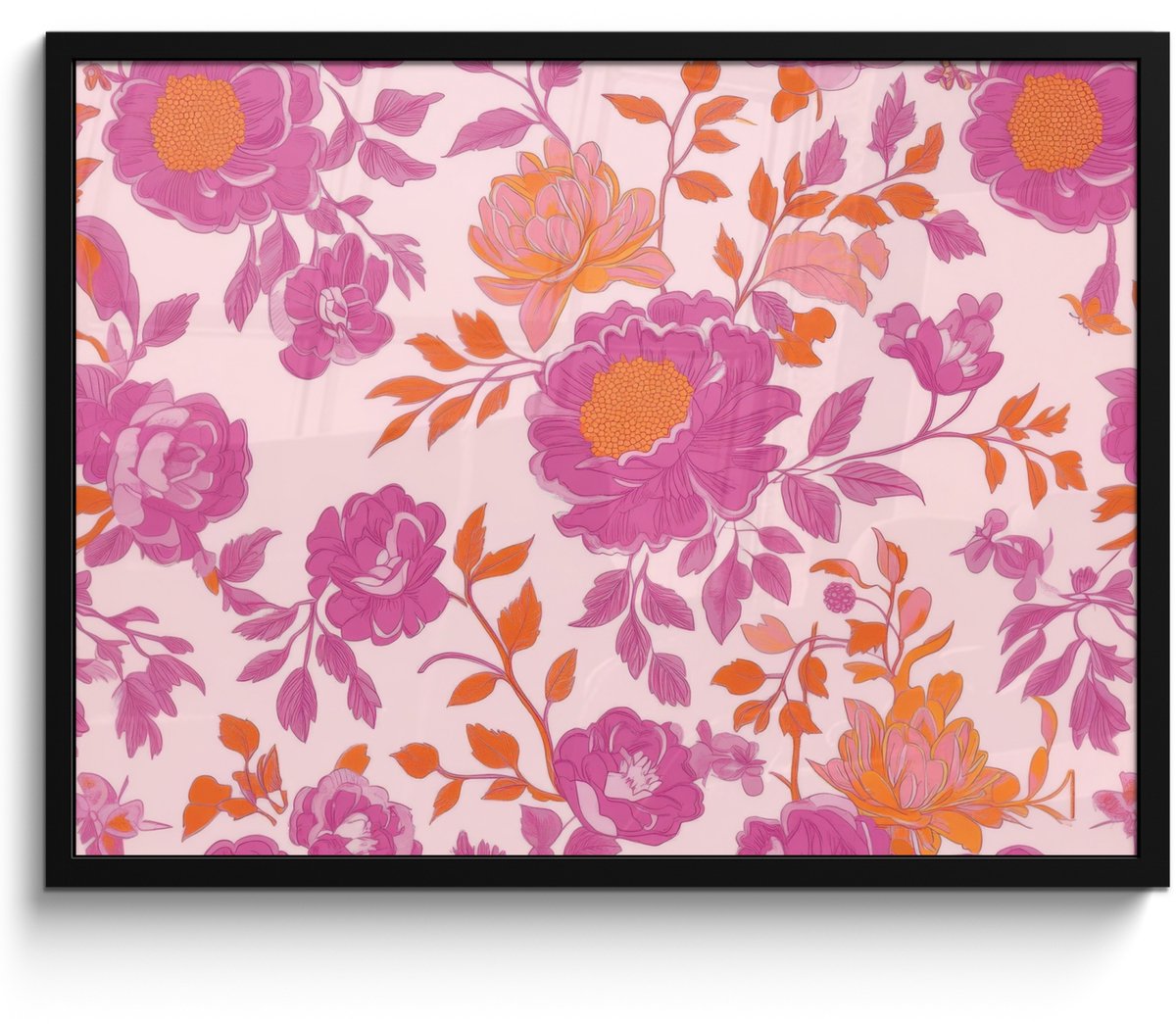 FrameYourWall Poster in lijst - Fotolijst 70x50 cm - Posters - Bloemenpatroon - Roze - Oranje - Bloemen - Posterlijst zwart - Decoratie - Wanddecoratie woonkamer - Muurdecoratie slaapkamer