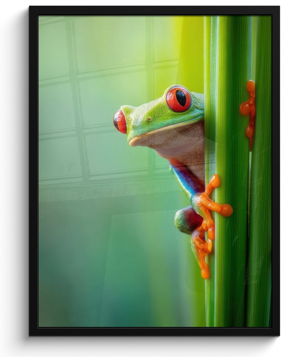 FrameYourWall Poster in lijst - Fotolijst 50x70 cm - Posters - Groene kikker - Nieuwsgierig - Gras - Posterlijst zwart - Decoratie - Wanddecoratie woonkamer - Muurdecoratie slaapkamer Kikker - Gras