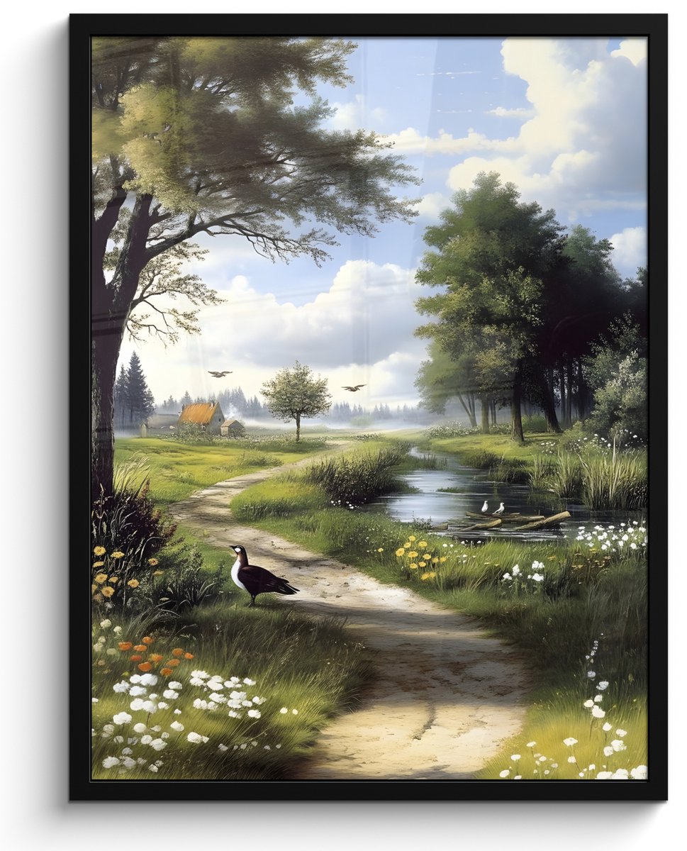 FrameYourWall Poster in lijst - Fotolijst 50x70 cm - Posters - Zandpad - Groen landschap - Water - Posterlijst zwart - Decoratie - Wanddecoratie woonkamer - Muurdecoratie slaapkamer Zandpad - Water