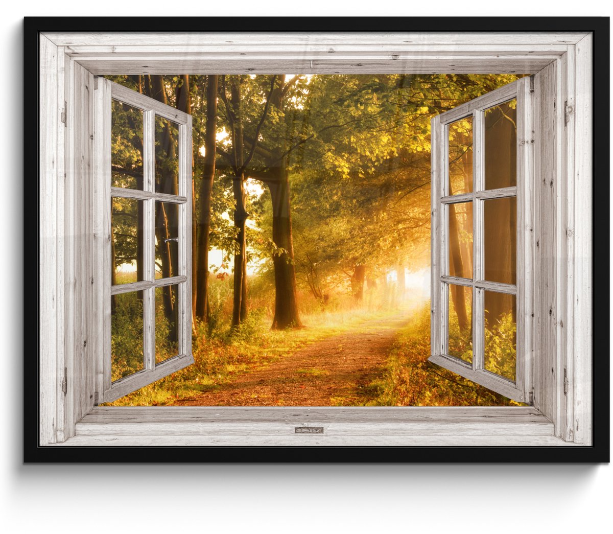 FrameYourWall Poster in lijst - Fotolijst 70x50 cm - Posters - Bos - Bomen - Zonlicht - Herfst - Bospad - Natuur - Doorkijk - Posterlijst zwart - Decoratie - Wanddecoratie woonkamer - Muurdecoratie slaapkamer