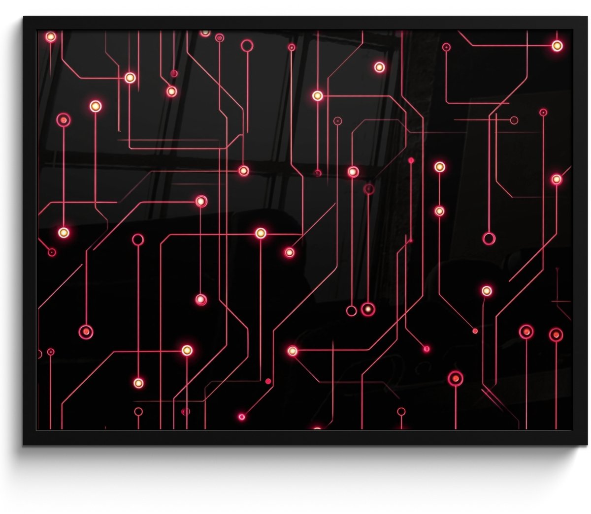 FrameYourWall Poster in lijst - Fotolijst 70x50 cm - Posters - Gaming - Lijnen - Netwerk - Stippen - Rood - Posterlijst zwart - Decoratie - Wanddecoratie woonkamer - Muurdecoratie slaapkamer