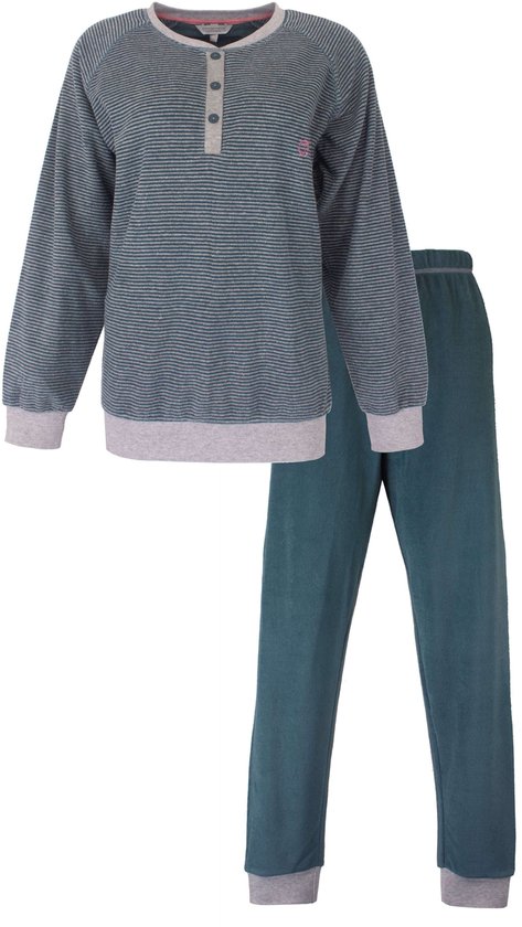 Dames pyjamaset met lange mouwen in petrol groen met grijze strepen. Grijze boorden en knoopsluiting.
