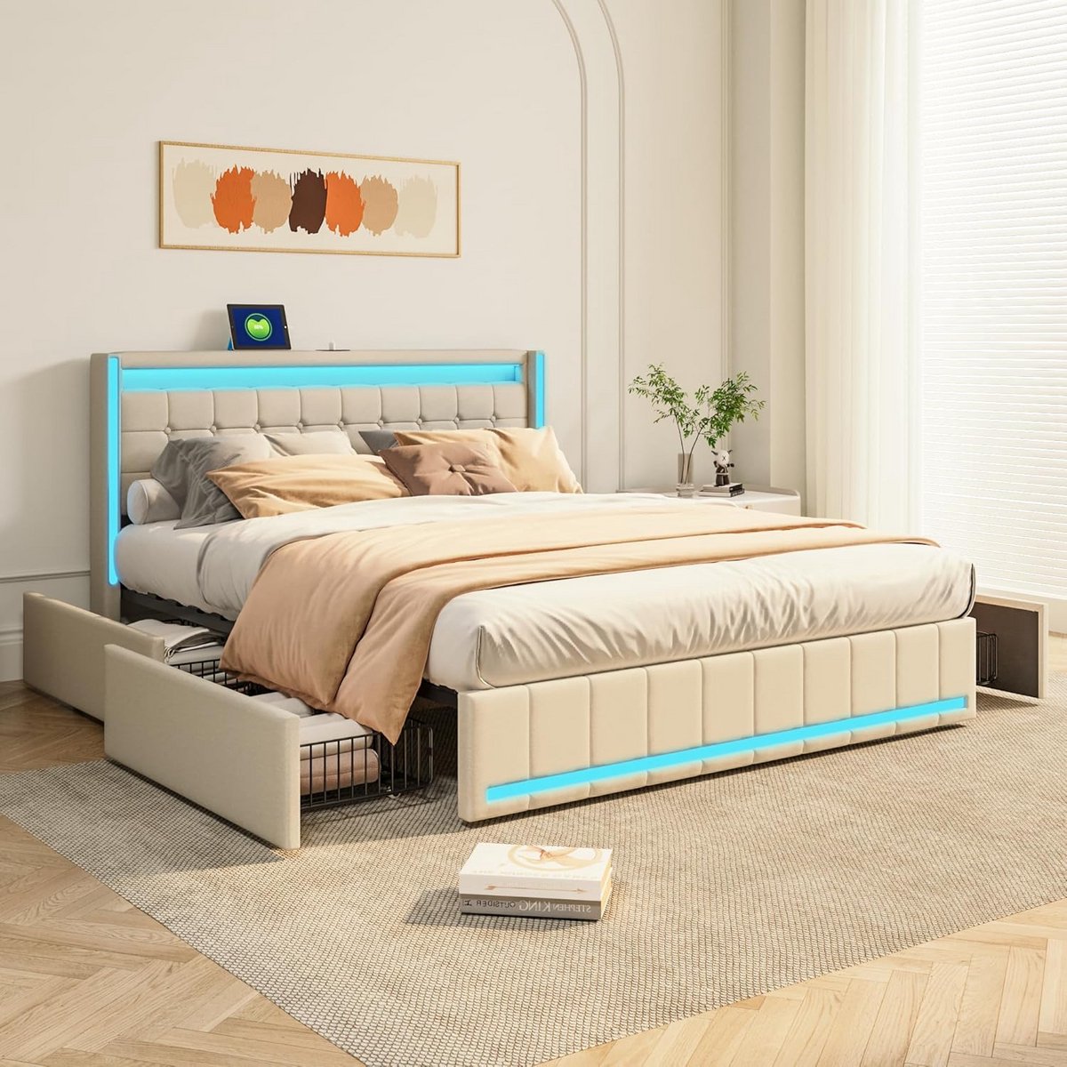 Tweepersoons Bed 140x200 cm met LED, Hoofdbord en 4 Opberglades - Gestoffeerd Met Lattenbodem