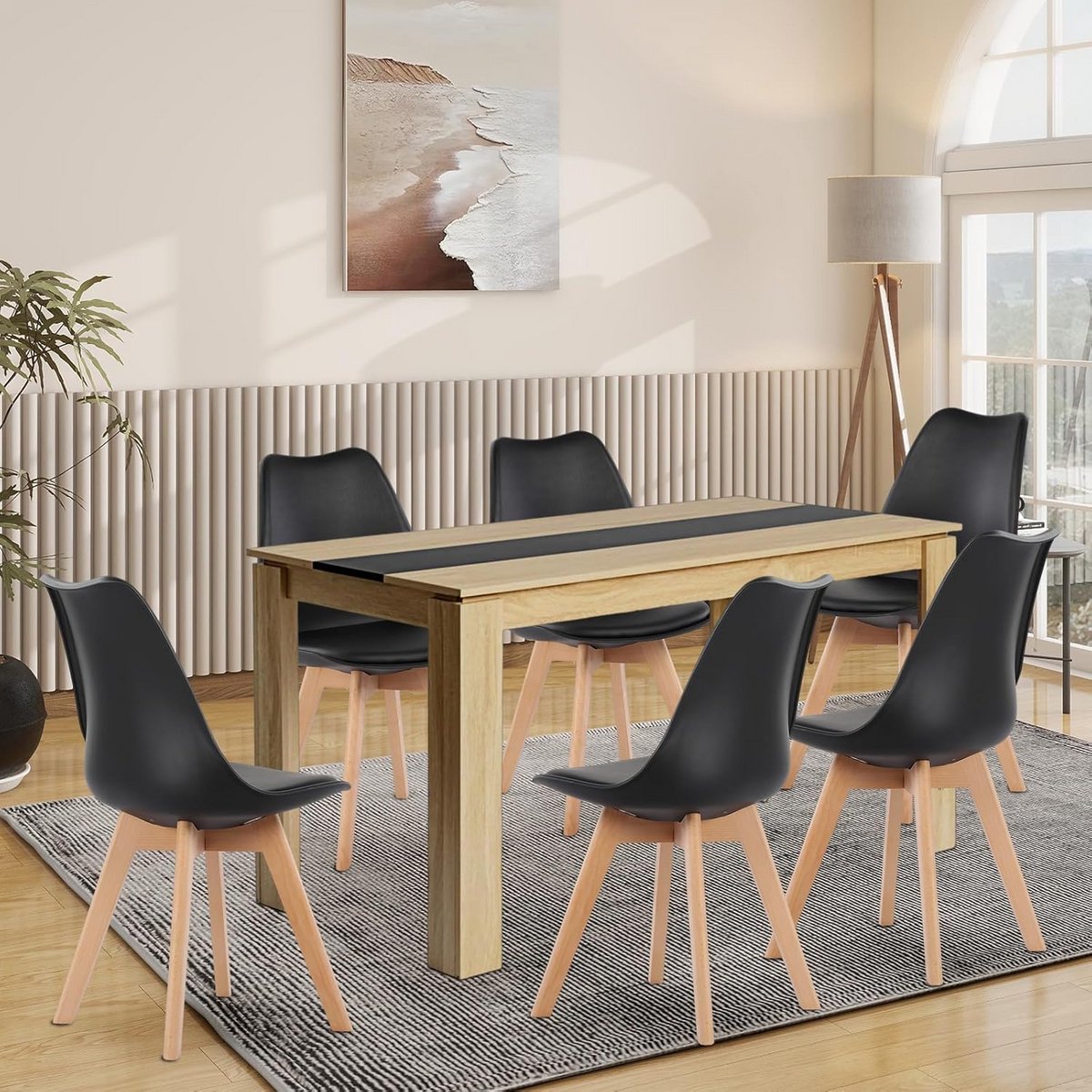 Eetkamergroep 140 cm met 6 stoelen - Rechthoekige tafel met houten blad en comfortabele st