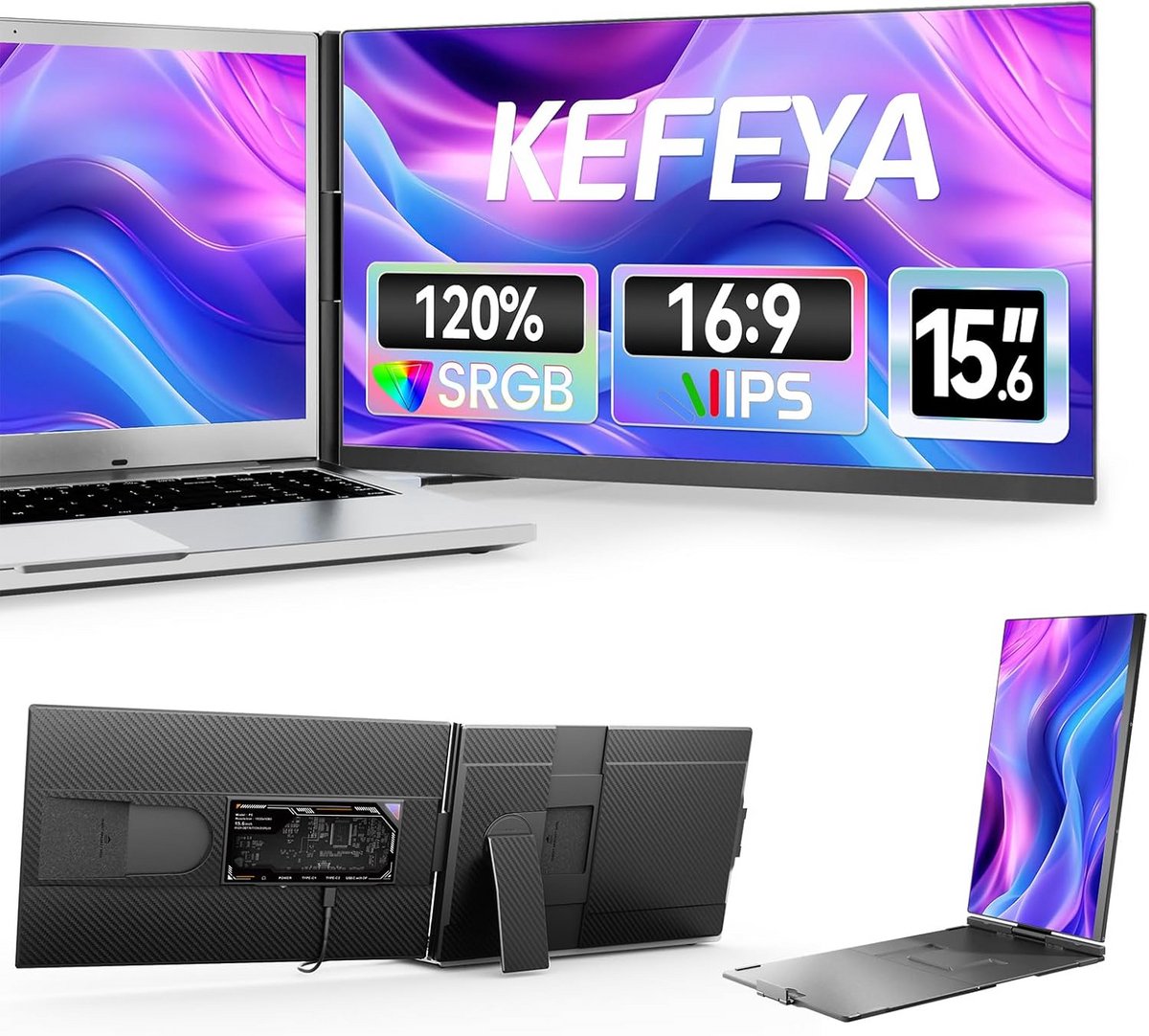 15,6 inch laptop screen extender - draagbare FHD monitor met IPS en hoge kleurnauwkeurigheid - draaibare voet - HDMI/USB-A/USB-C - plug and play - geschikt voor laptop, Mac en Android