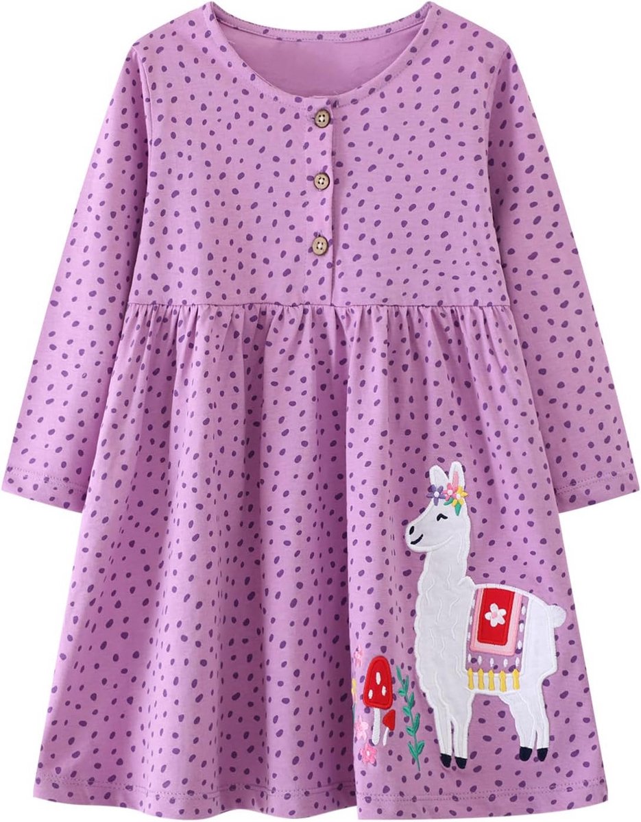 Katoenen Meisjesjurk met Borduursel - Lange Mouwen Casual Jersey Jurkjes Maat 85-140
