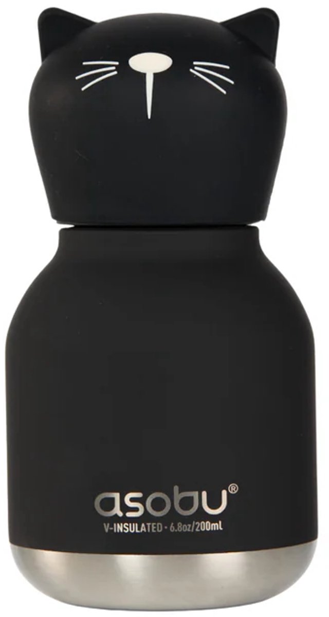 Asobu Mini Bestie Black Cat Drinkfles Thermofles 200 ml - Asobu MINI Besties – Schattige mini thermosfles 200 ml – Dieren drinkfles – BPA-vrij – To go – Cadeautip