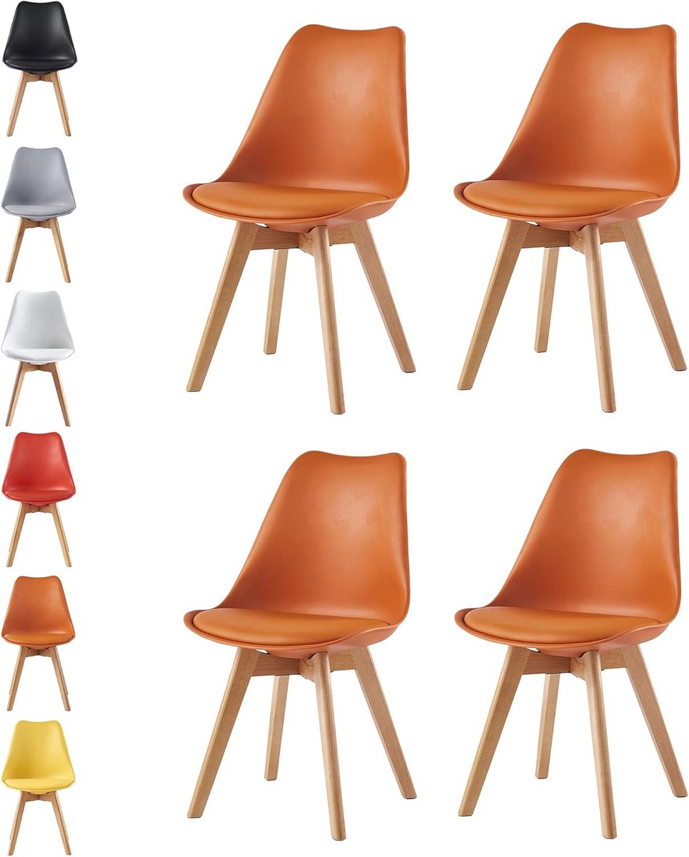 Set van 4 Eetkamerstoelen Kuipstoel Design Zitting met Houten Poten - Oranje