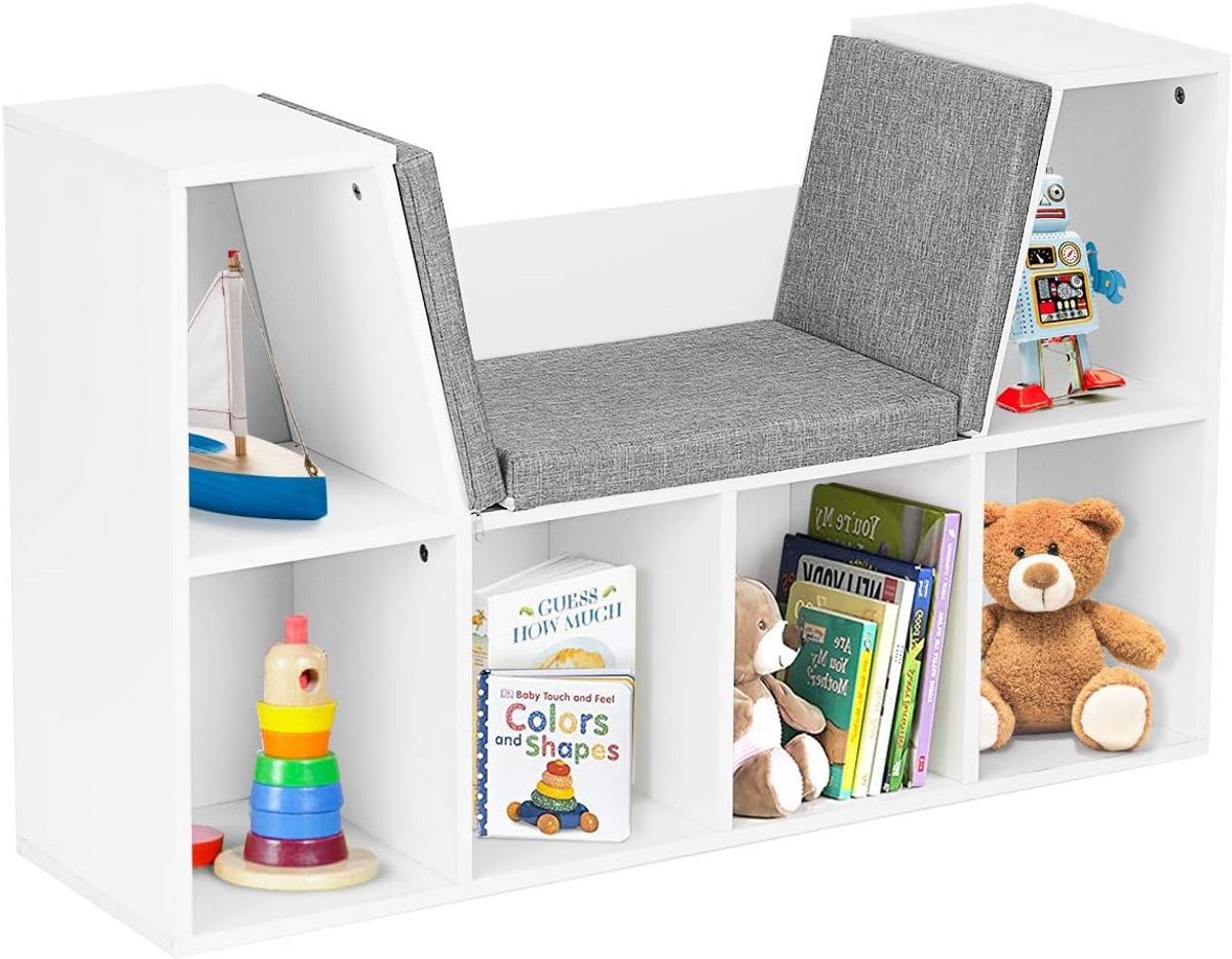 Kinderboekenkast met Zitbank en Opbergvakken - Houten Kubus Kast