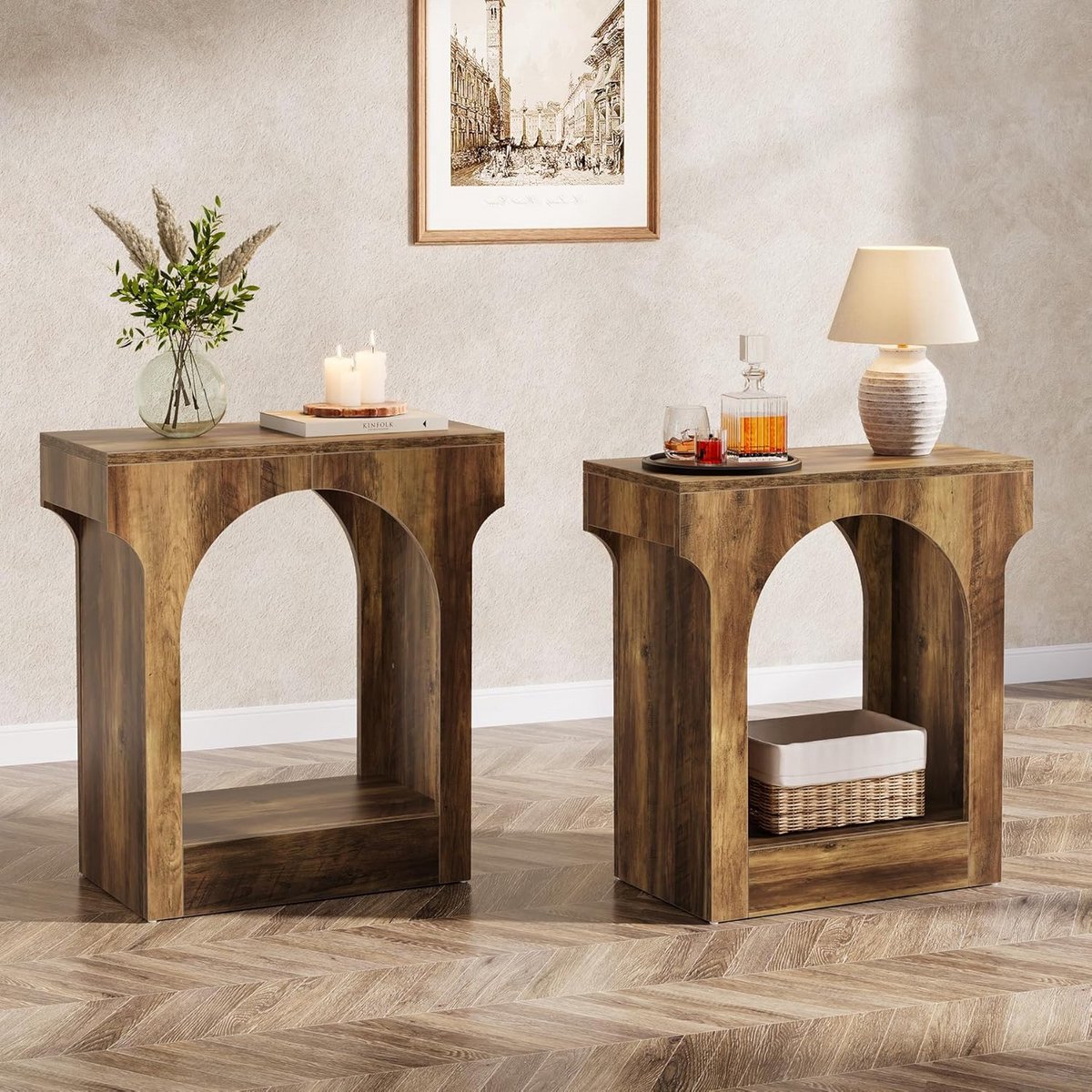 Set van 2 Bijzettafels met Gebogen Design - Comfortabele Tafeltjes voor Slaapkamer en Woon