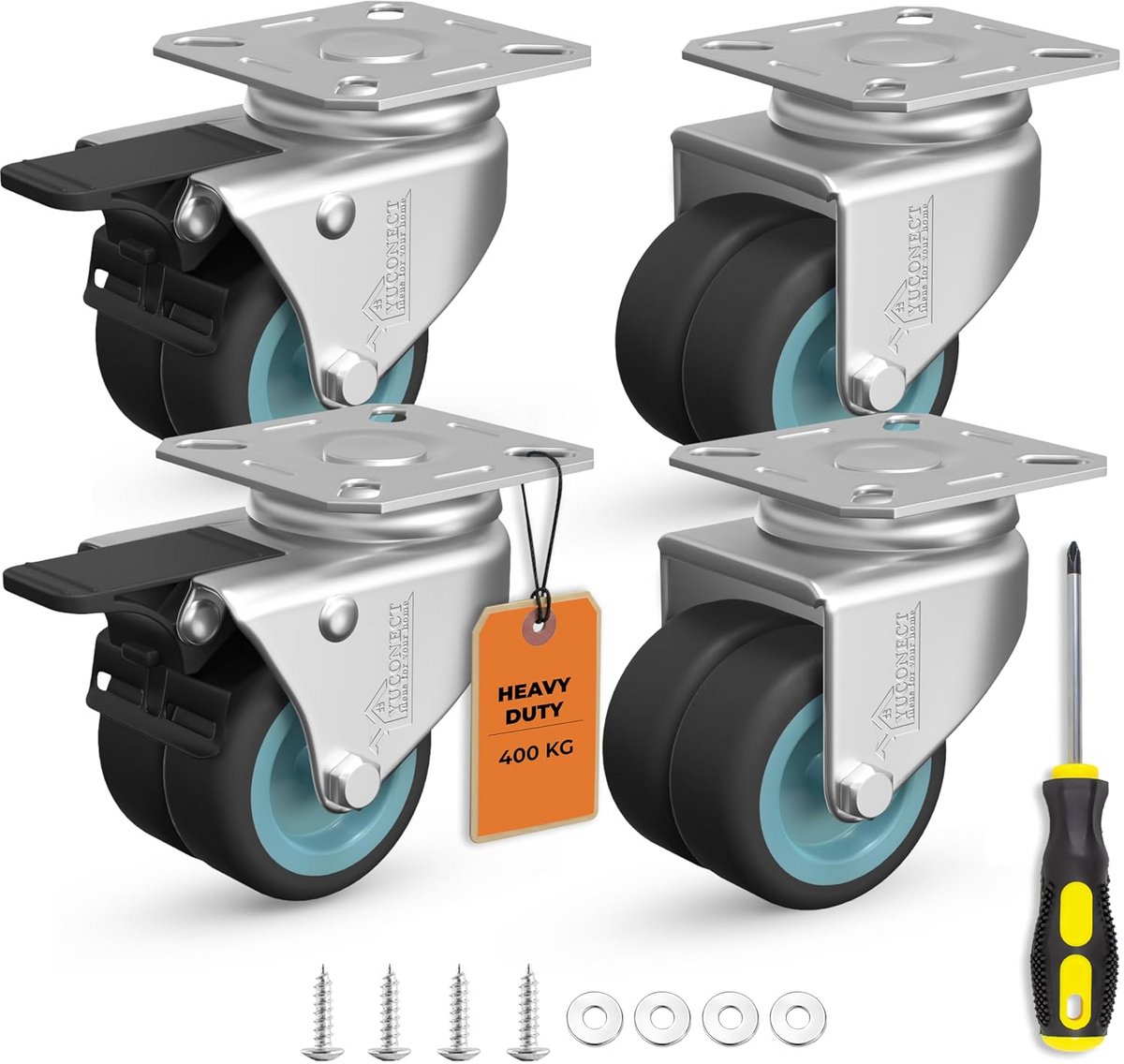 Set van 4 Zware Zwenkwielen 50mm - Meubelwielen met Rem en Zonder - Incl. Montagepakket