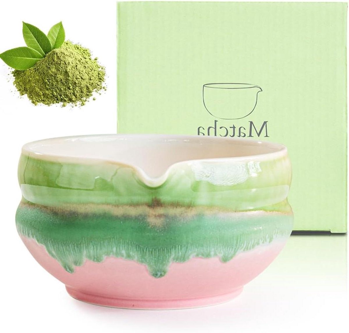 Matcha kom met schenktuit - Roze groen - Japanse thee - Bereidingskom voor theeceremonie