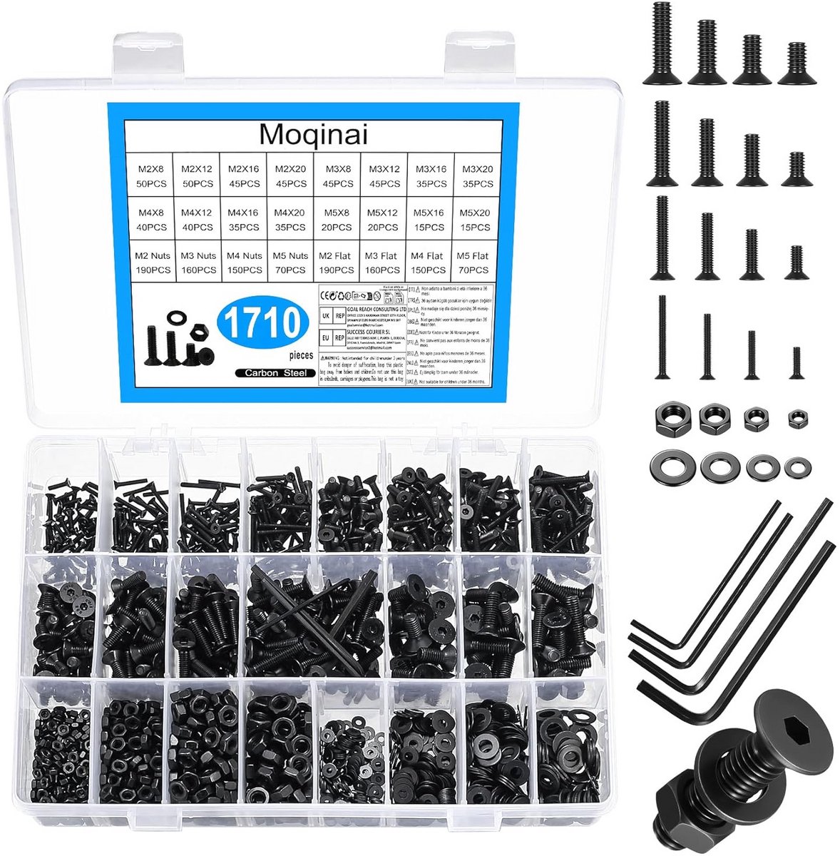 1710 Delige Schroeven Assortiment M2 M3 M4 M5 Zwart Inbus Schroef Set met Moeren en Ringen