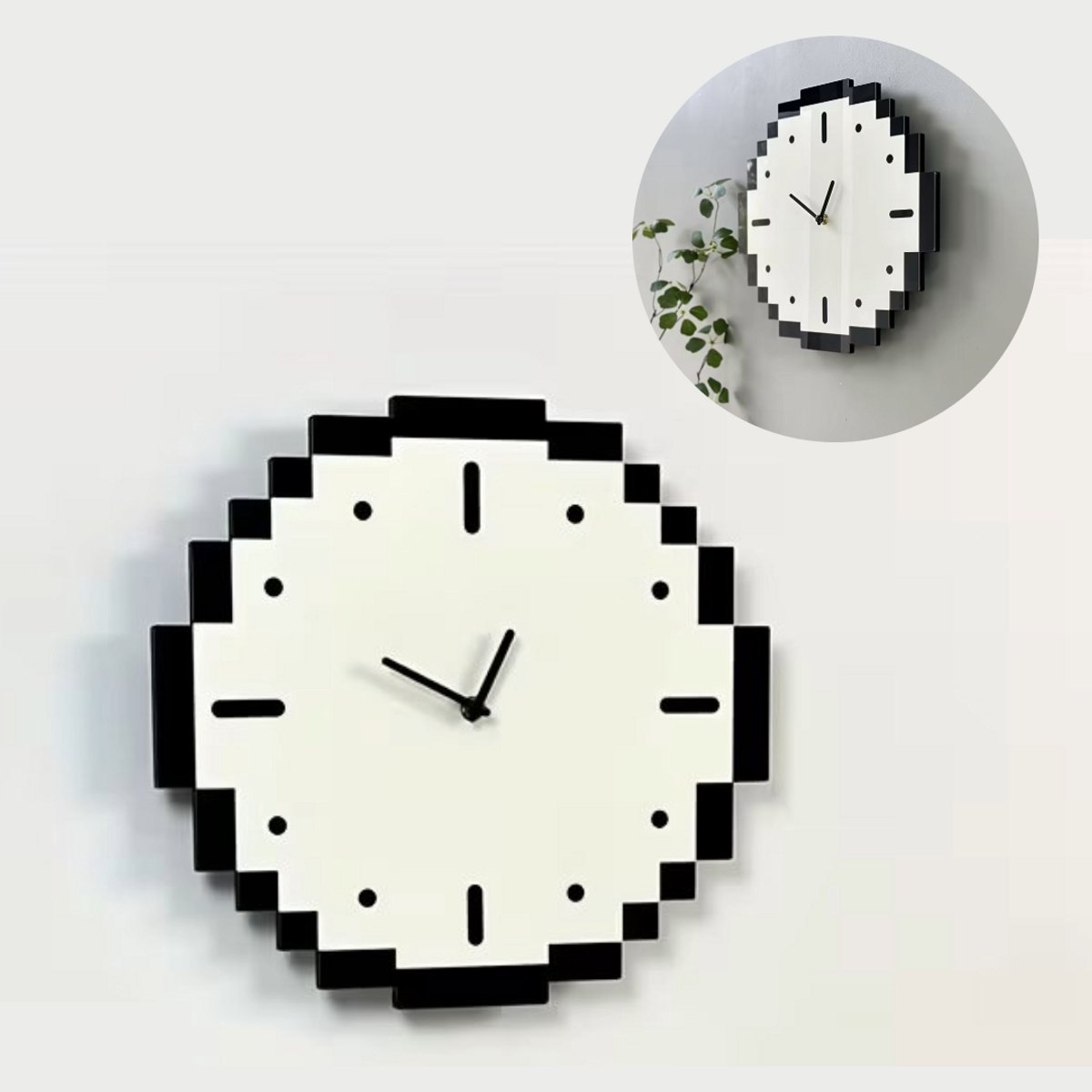 Pixel Wandklok 30 cm – Zwart Wit Design Muurklok – Retro 8-Bit / Gaming Klok voor Woonkamer, Living, Kinderkamer & Bureau
