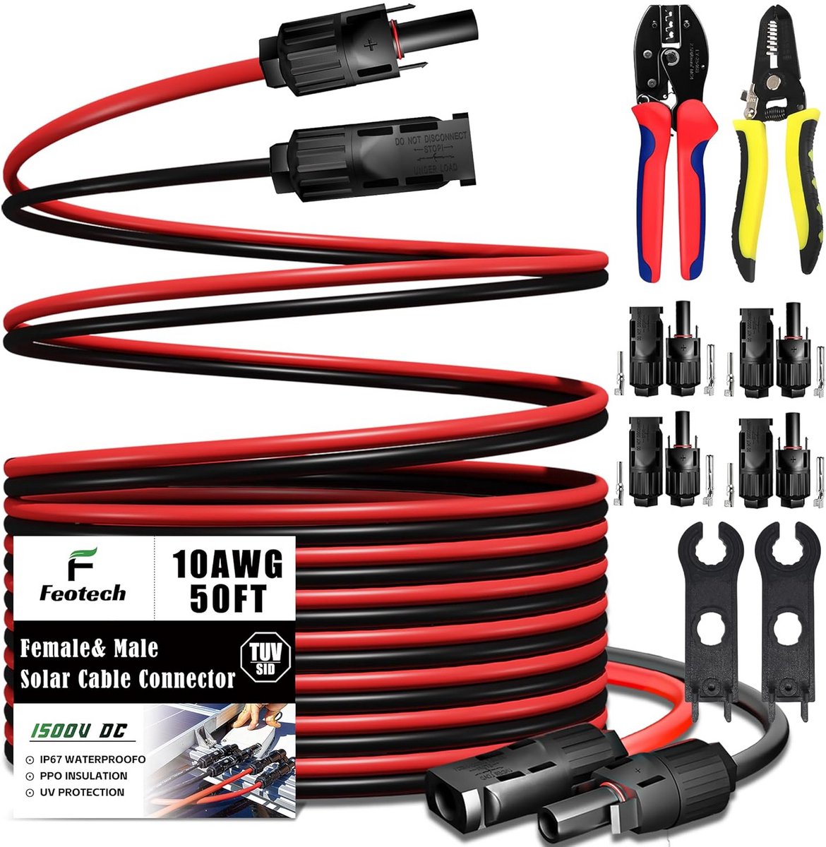 Verlengkabel op Zonne-energie 50 FT - 10 AWG Zonnepaneel Kabel met IP67 Connectoren
