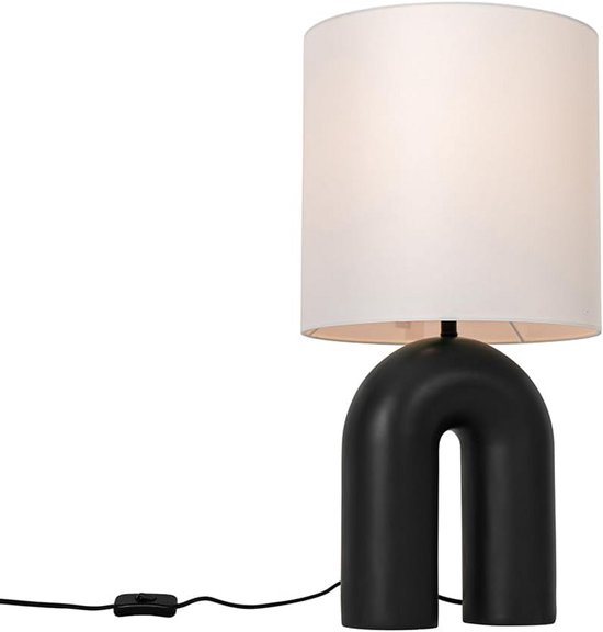 Scandinavische Tafellamp Zwart met Witte Linnen Kap - Modern Design voor Woonkamer en Slaapkamer - Ø30 cm