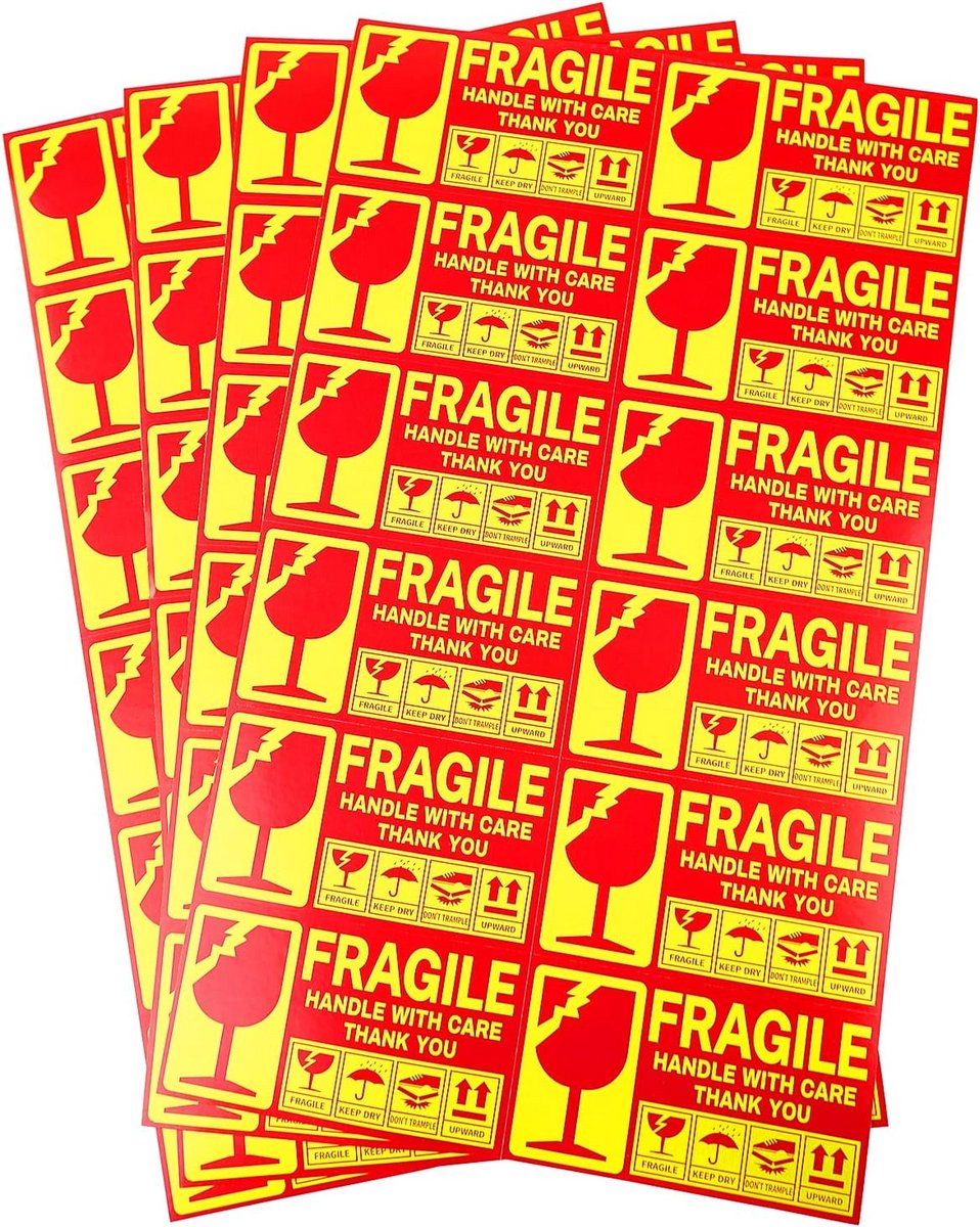 480x Breekbaar Stickers 50x90mm Zelfklevend Waarschuwingslabels voor Verzending