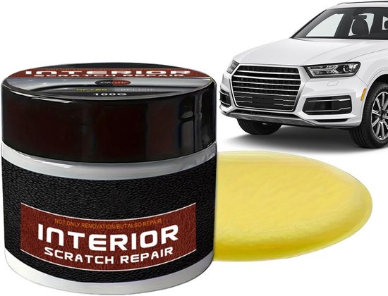 Pot met 'INTERIOR SCRATCH REPAIR' tekst naast een witte auto en gele spons.